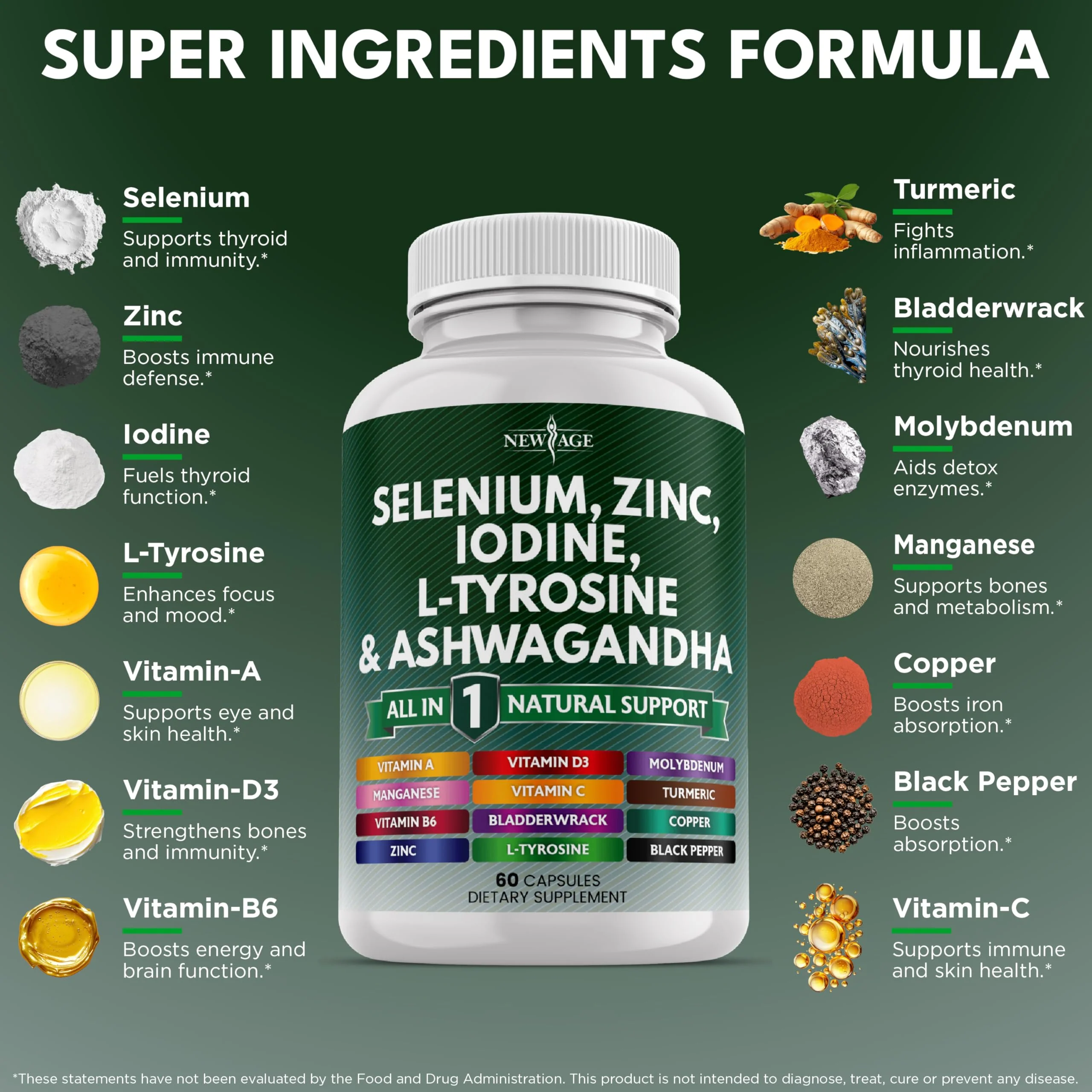 New Age Selenium, Zinc, Iodine, L-Tyrosine & Ashwagandha - 120 Count Supplement - Image 2