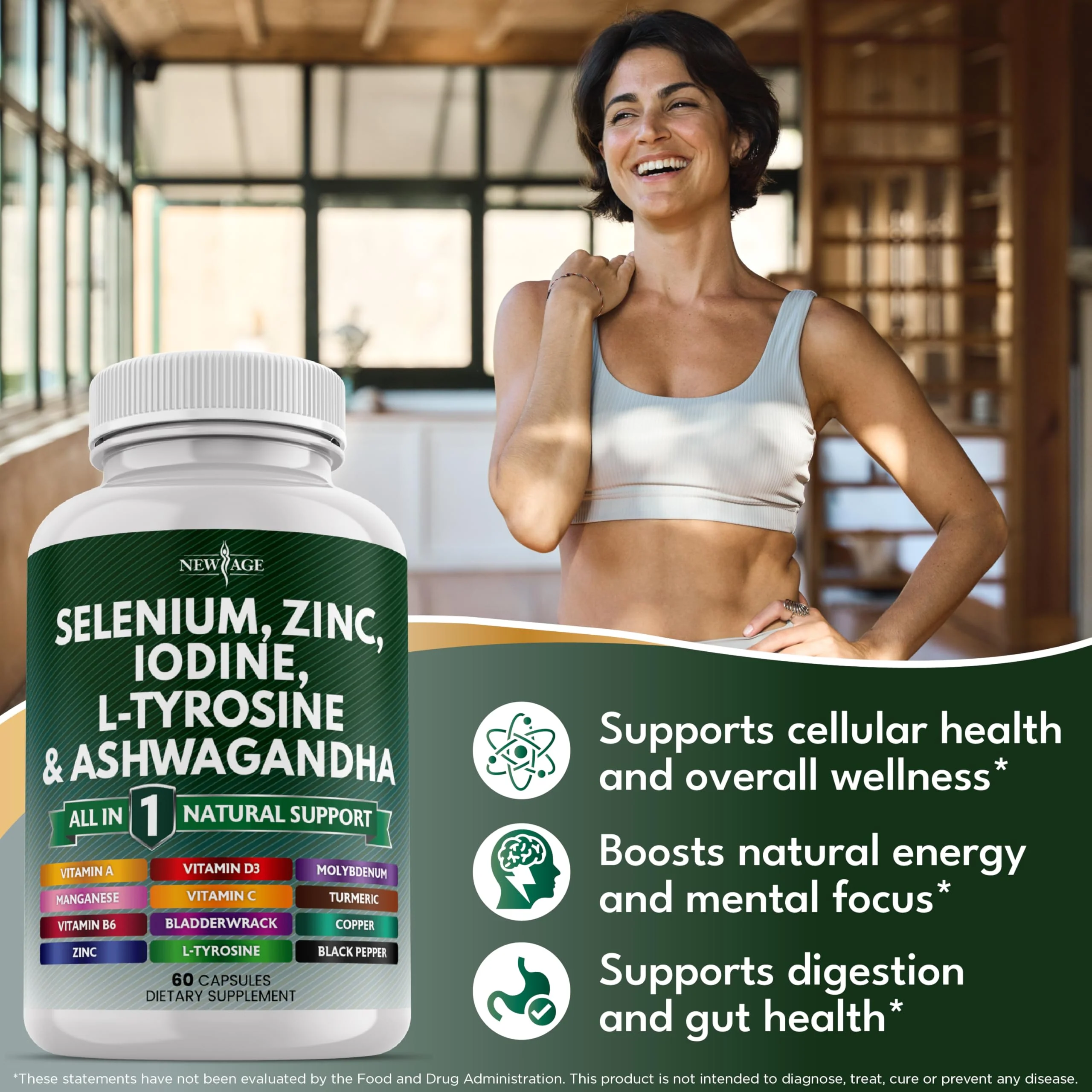 NEW AGE Thyroid Support Supplement with Selenium, Zinc, Iodine, L-Tyrosine, Ashwagandha — 60 Count (Pack of 3) - Image 3