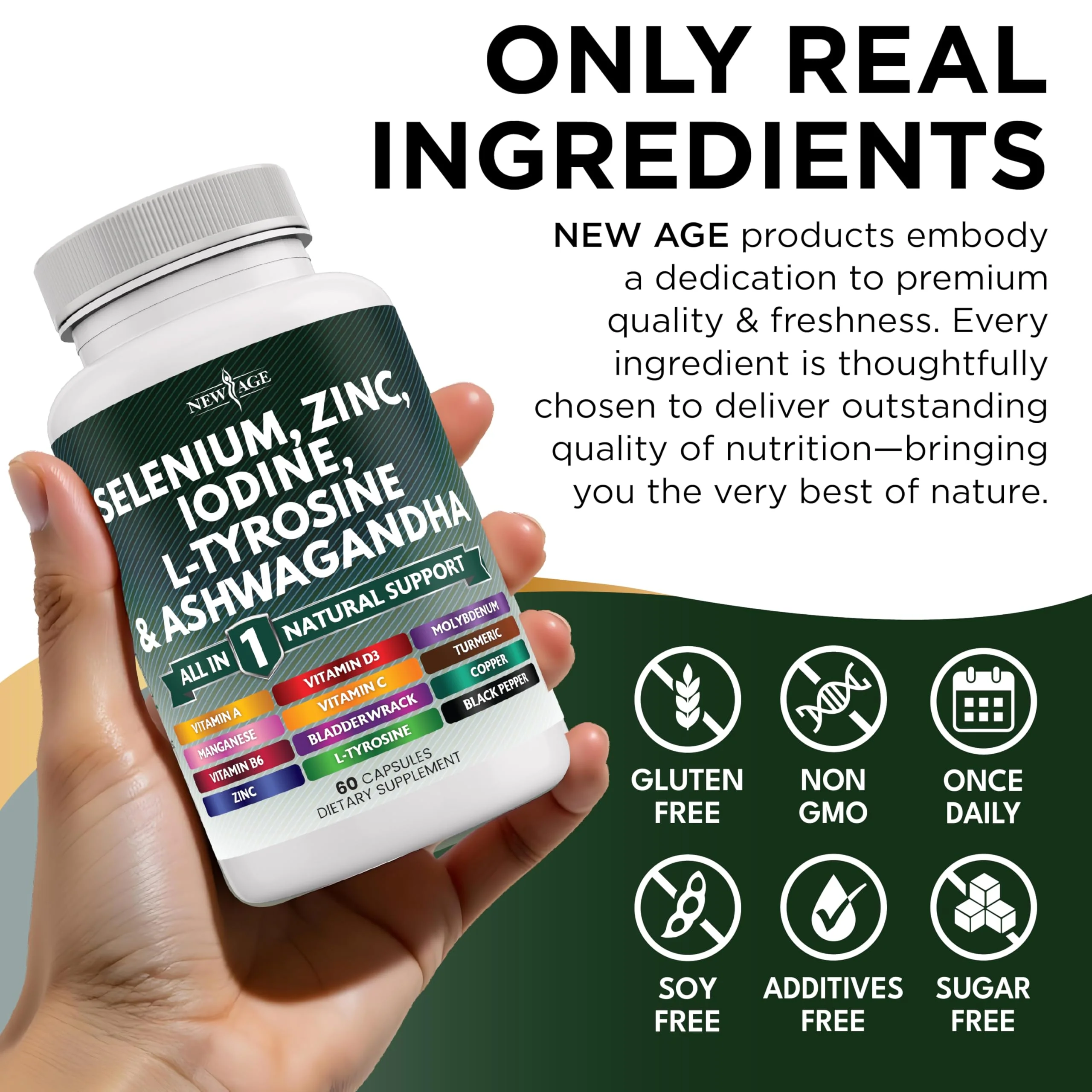 NEW AGE Thyroid Support Supplement with Selenium, Zinc, Iodine, L-Tyrosine, Ashwagandha — 60 Count (Pack of 3) - Image 6