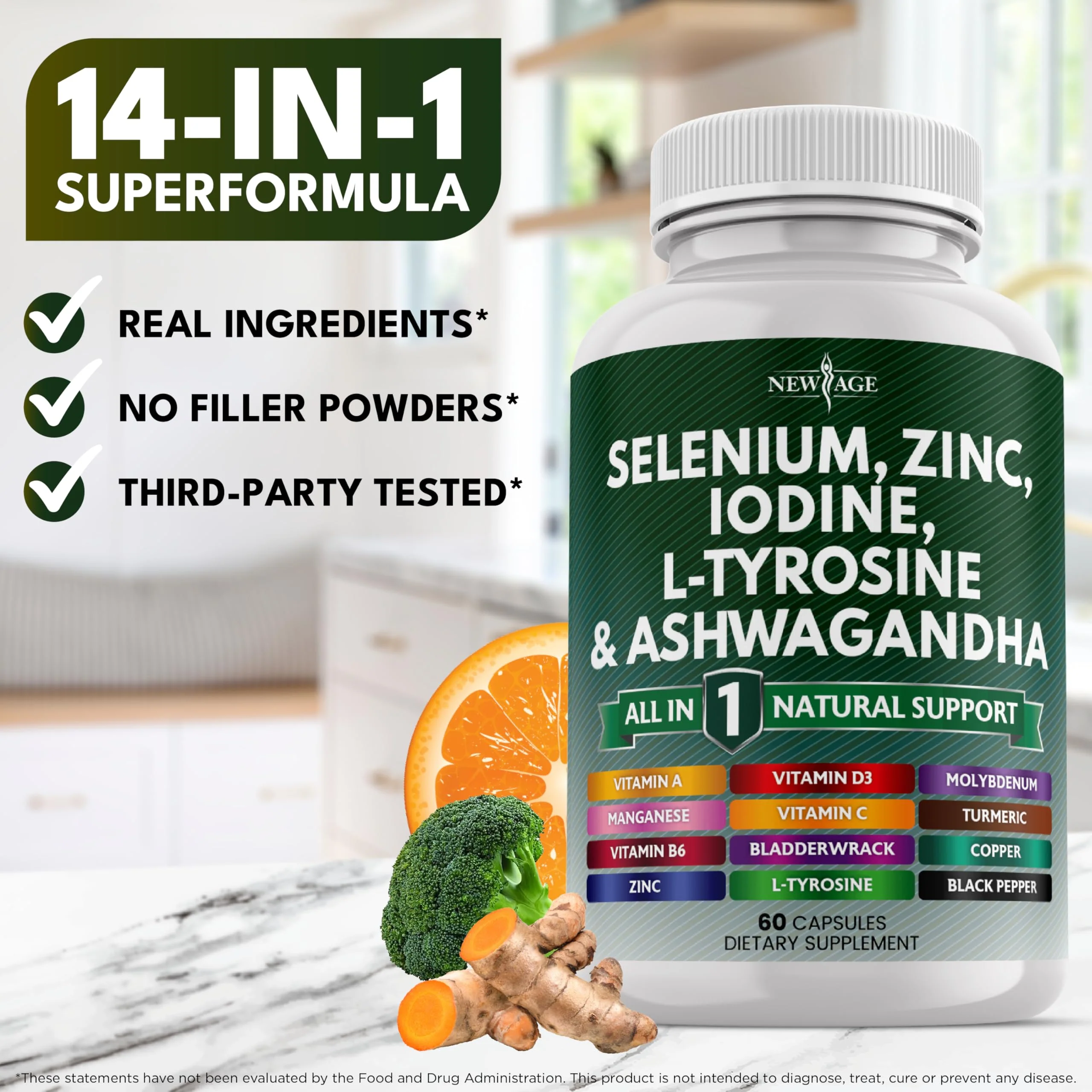 NEW AGE Thyroid Support Supplement with Selenium, Zinc, Iodine, L-Tyrosine, Ashwagandha — 60 Count (Pack of 3) - Image 7