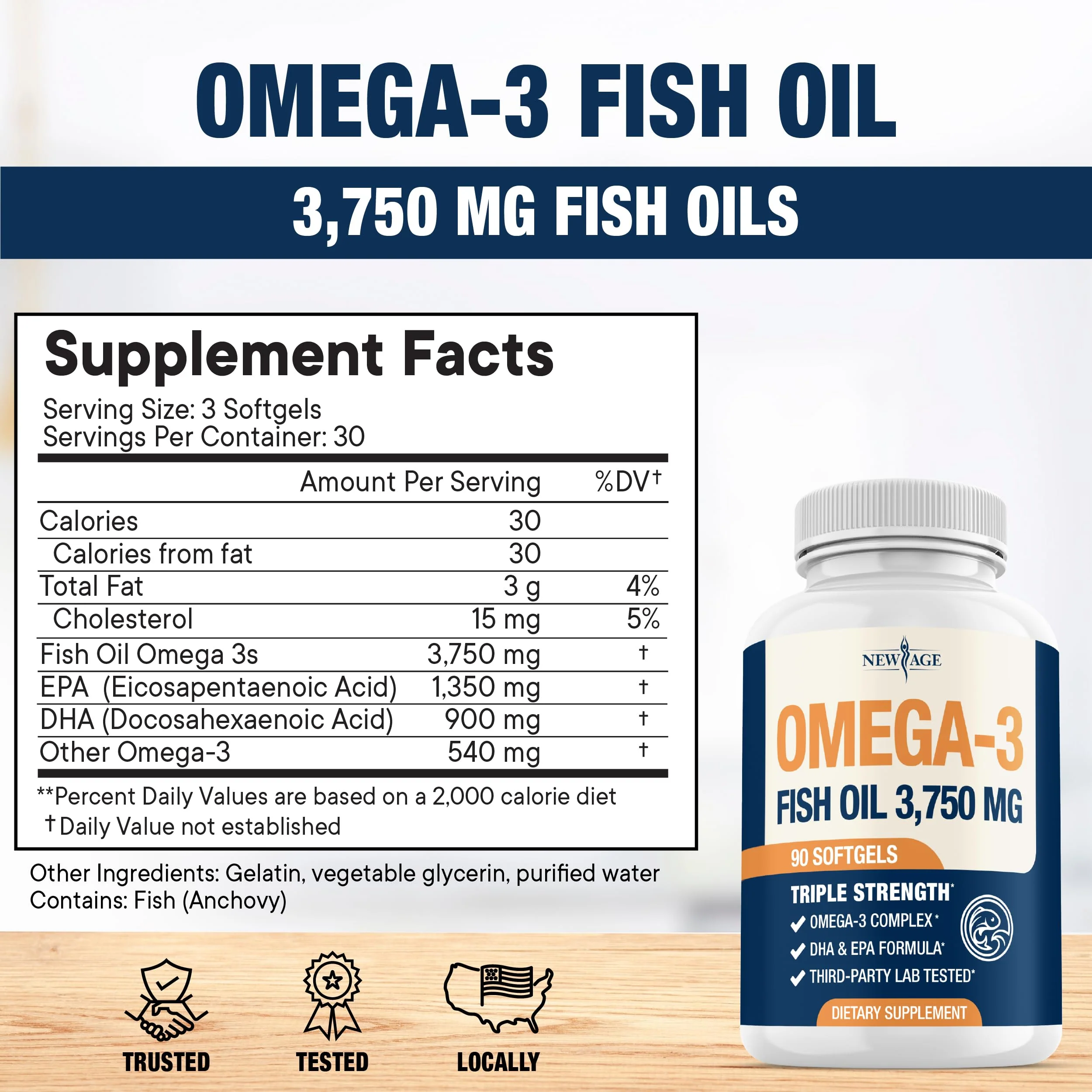 NEW AGE Triple Strength Omega 3 Fish Oil 3750 mg – 1350 mg EPA + 900 mg DHA | 270 Softgels - Image 3