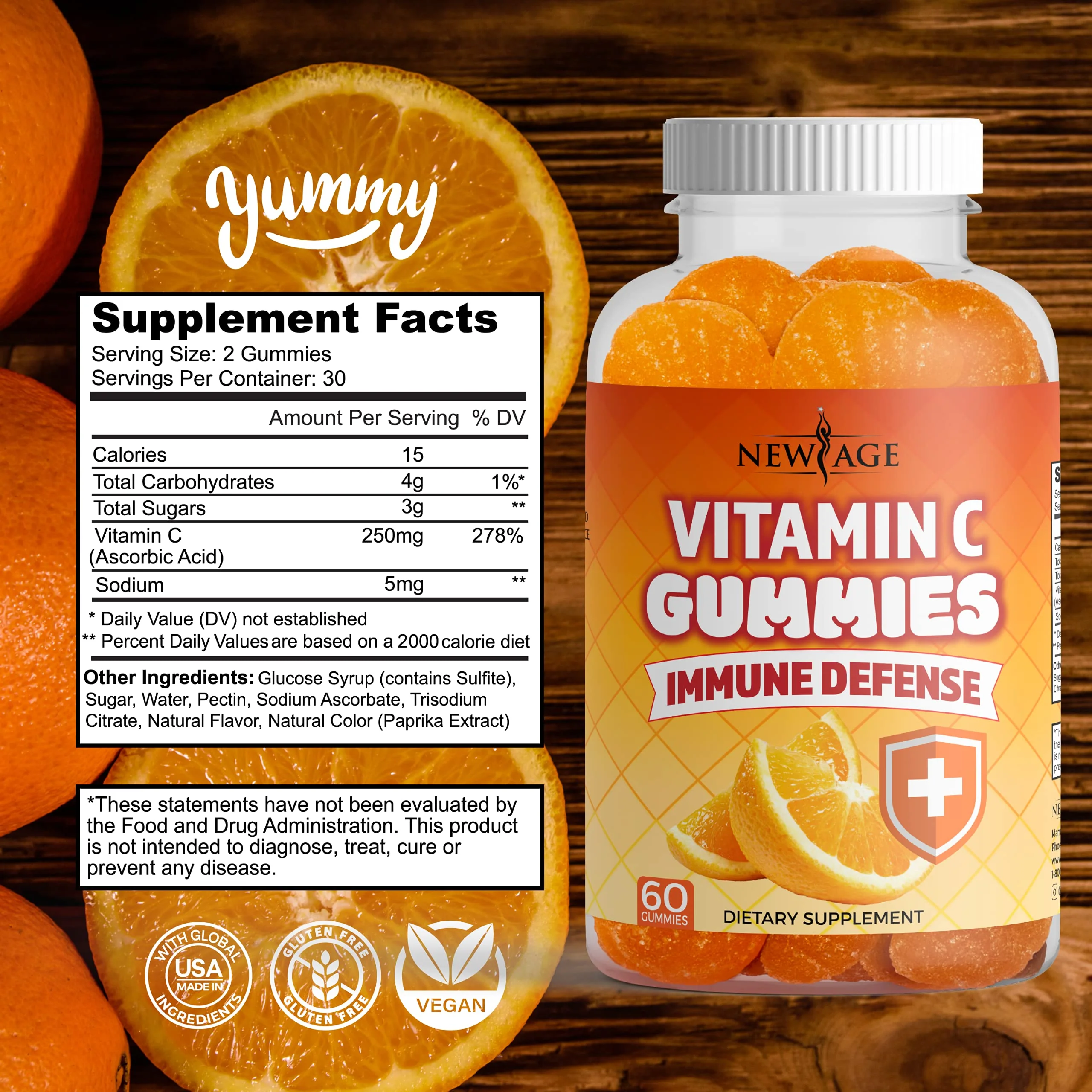 NEW AGE Vitamin C Gummies – Orange Flavor, Vegetarian, Gluten-Free (180 Gummies) - Image 2