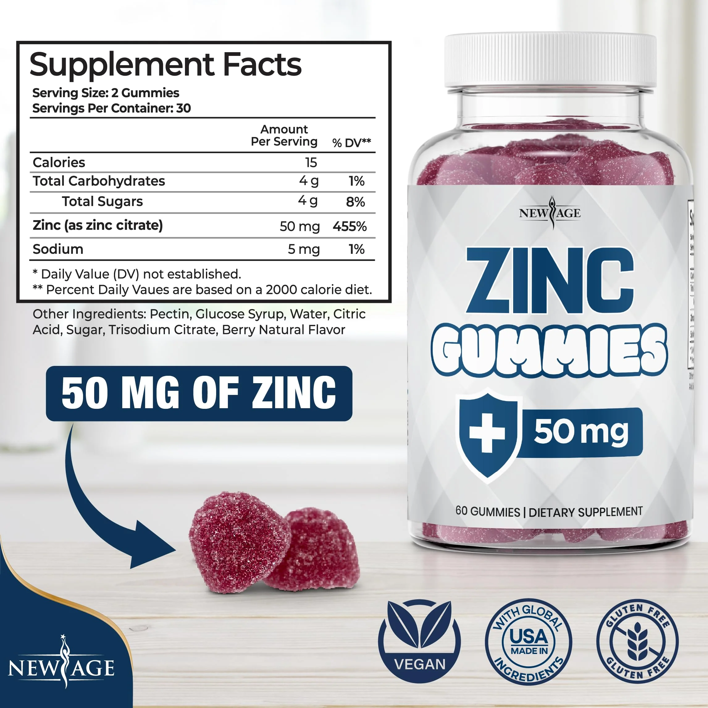 NEW AGE Zinc Gummies – 50mg Zinc, Immune Support, Antioxidant • Non-GMO | 180 Count (Pack of 3) - Image 8