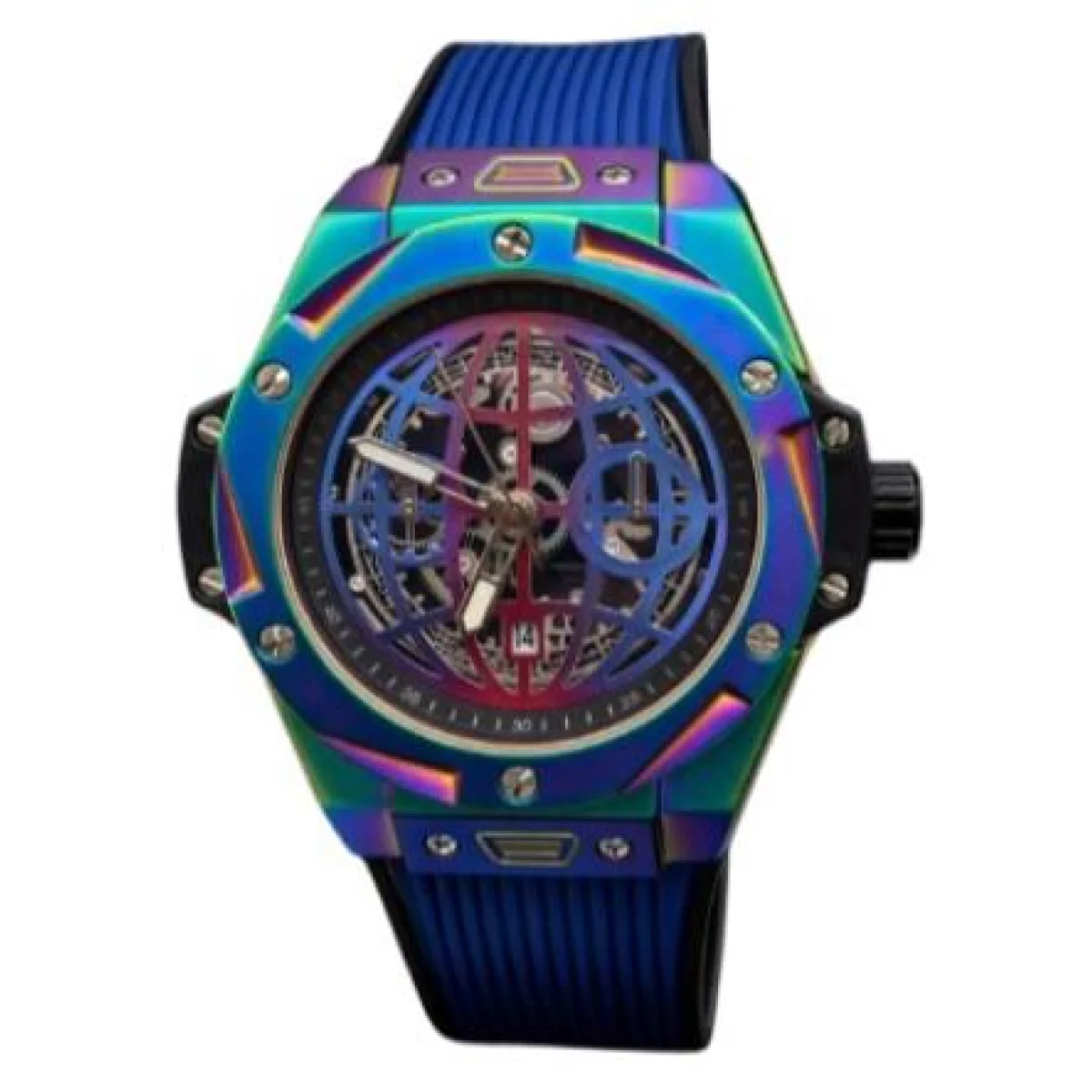 New Rainbow Watch Mens Dated Dial Analogue Blue Rubber Strap Watch NY London