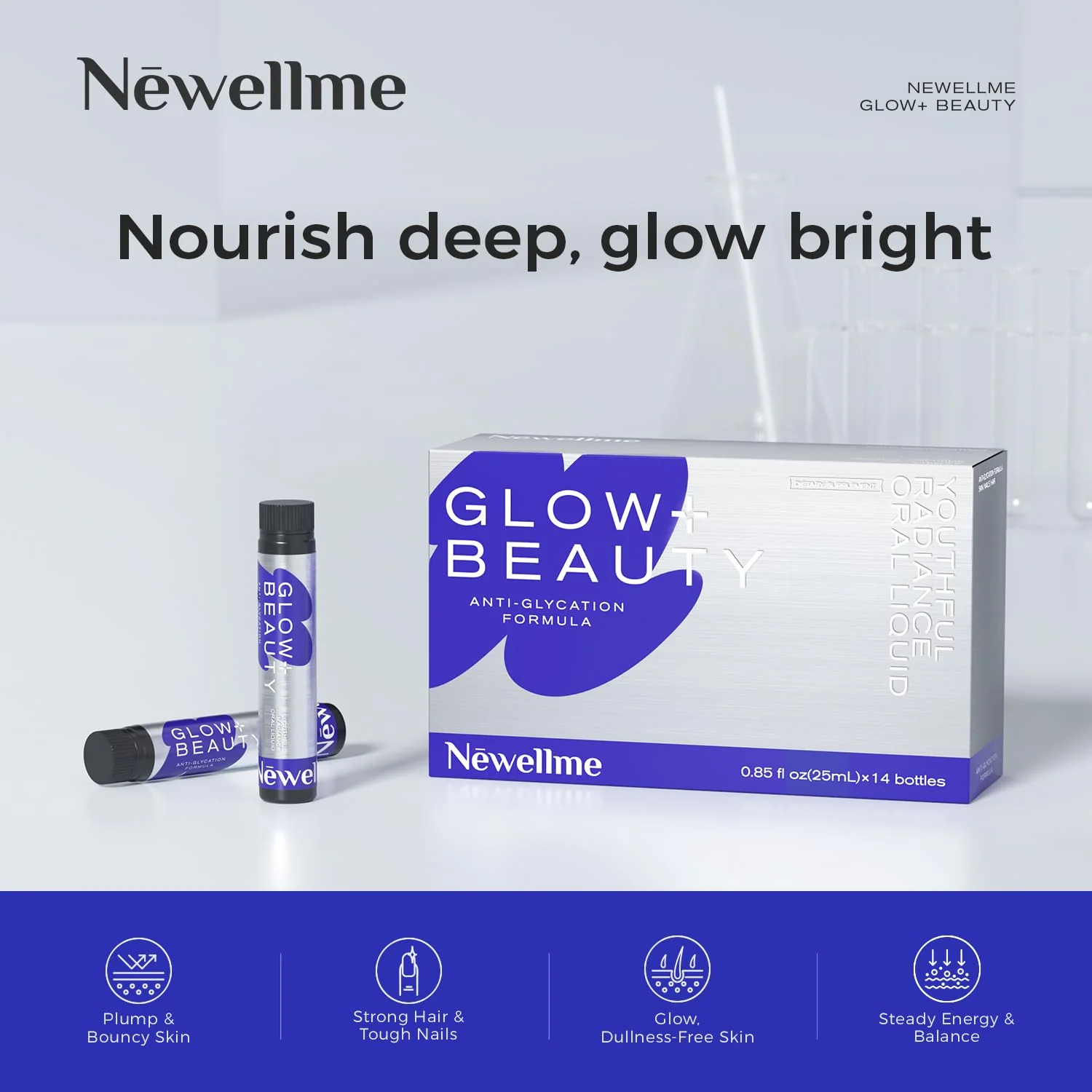 NEWELLME Glow+Beauty Collagen Drink – Liquid Beauty Supplement with Hyaluronic Acid & Antioxidants | 28 Bottles - Image 3