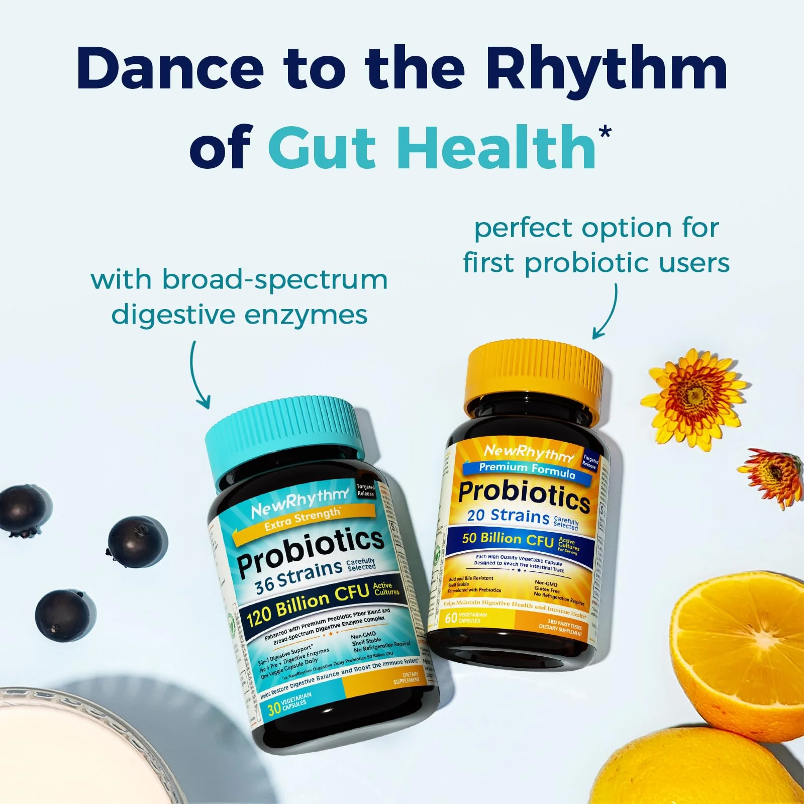 NewRhythm Probiotics 120 Billion CFU – 36 Strains, 3-in-1 Digestive Health with Prebiotics & Enzymes | 60 Count - Image 8