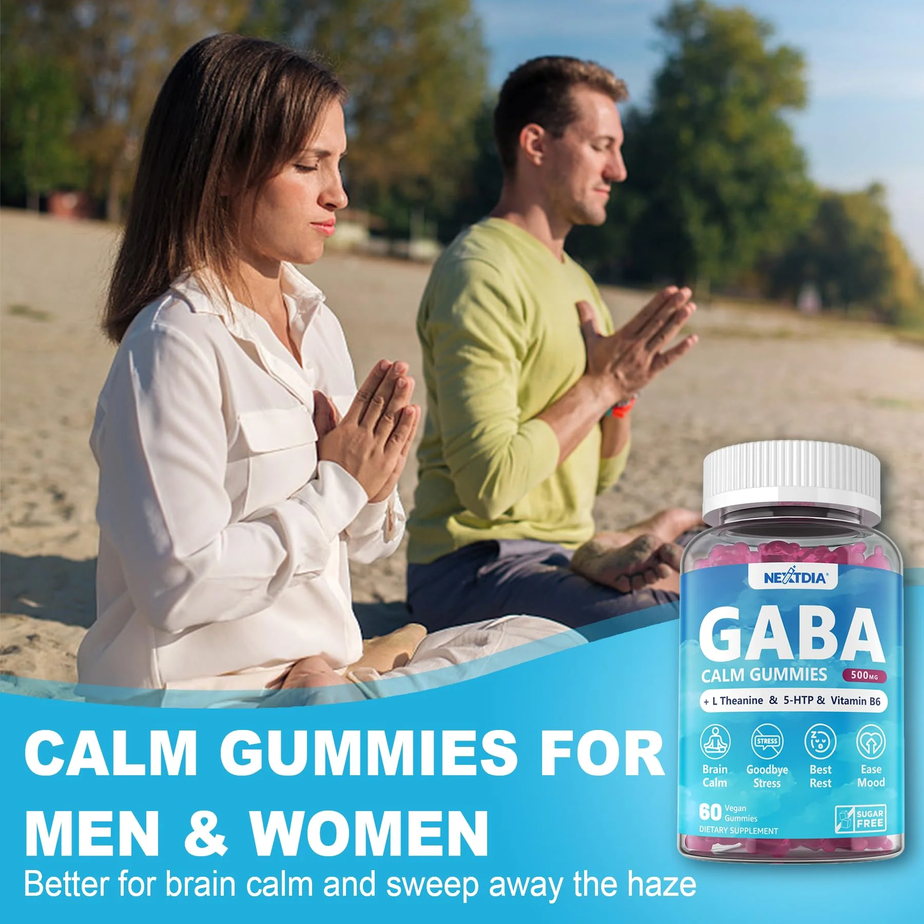 Nextdia GABA Gummies 500mg – Sugar-Free Calm Gummies with L-Theanine, 5-HTP, D3, B12 (Vegan, Blueberry) - Image 3