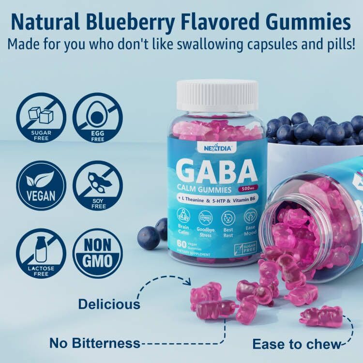 Nextdia GABA Gummies 500mg – Sugar-Free Calm Gummies with L-Theanine, 5-HTP, D3, B12 (Vegan, Blueberry) - Image 6