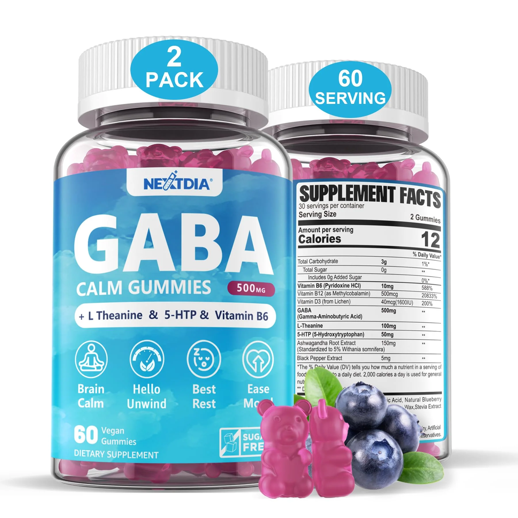 Nextdia GABA Gummies 500mg – Sugar-Free Calm Gummies with L-Theanine, 5-HTP, D3, B12 (Vegan, Blueberry) - Image 9