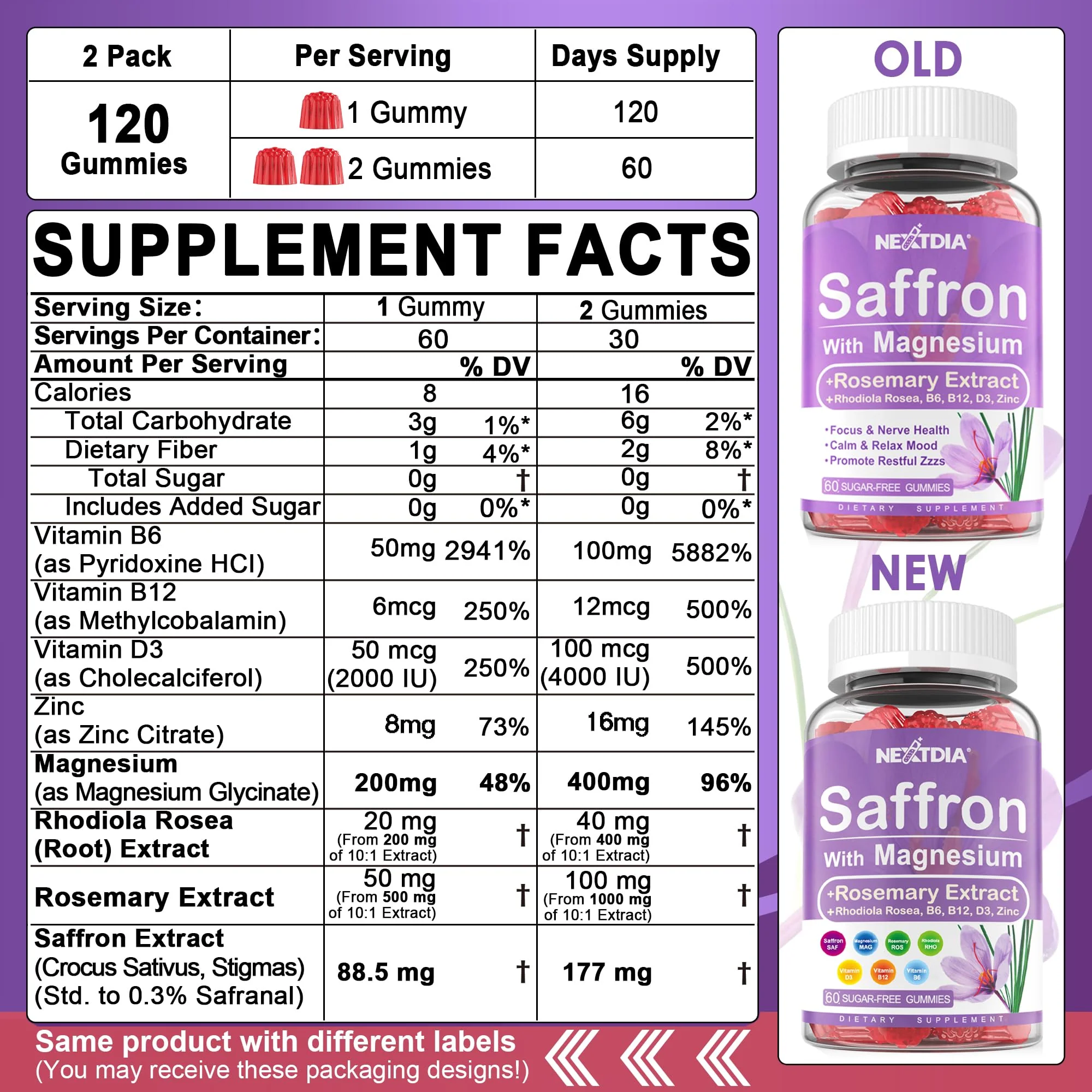 Nextdia Saffron Gummies – 4 Months, 2-Pack with Magnesium Glycinate & Rhodiola for Calm, Focus & Rest - Image 2