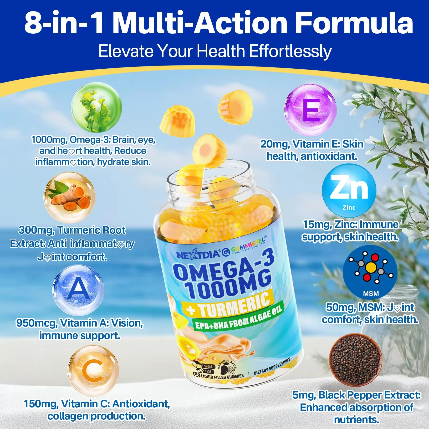 Nextdia Vegan Omega-3 Gummies 1000mg + Turmeric | Algae DHA 600mg & EPA 300mg, Sugar Free, 120 Gummies - Image 16