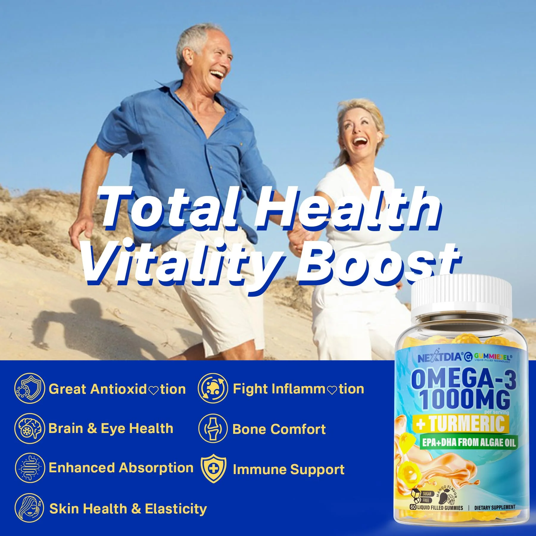 Nextdia Vegan Omega-3 Gummies 1000mg + Turmeric | Algae DHA 600mg & EPA 300mg, Sugar Free, 120 Gummies - Image 5