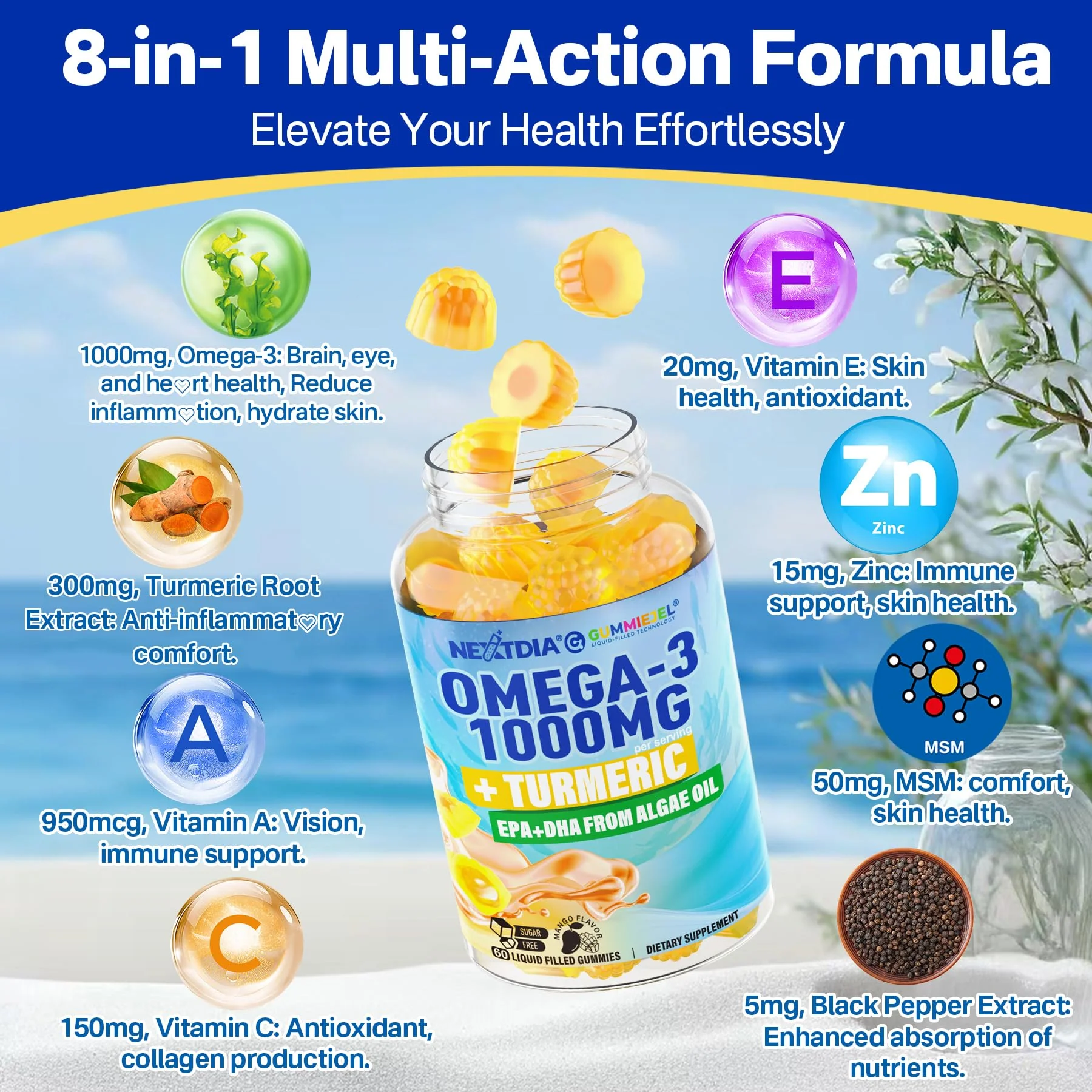 Nextdia Vegan Omega-3 Gummies 1000mg + Turmeric | Algae DHA 600mg & EPA 300mg, Sugar Free, 120 Gummies - Image 7