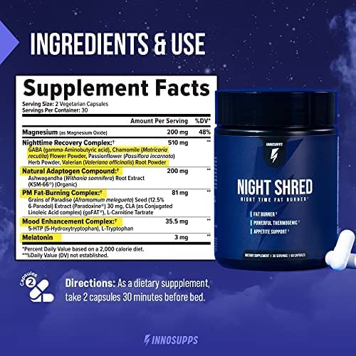 Night Shred by InnoSupps: Fat Burner & Natural Sleep Support | Ashwagandha, 5-HTP, CLA, Melatonin | 60 Veg Capsules - Image 10