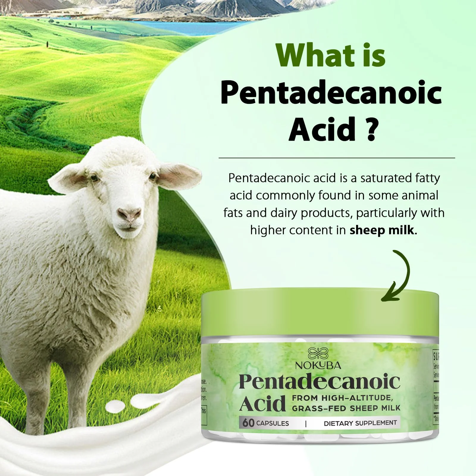 Nokuba Pentadecanoic Acid C15:0 300mg – High-Altitude Sheep Milk Sourced, 120 Capsules | USA Made - Image 5