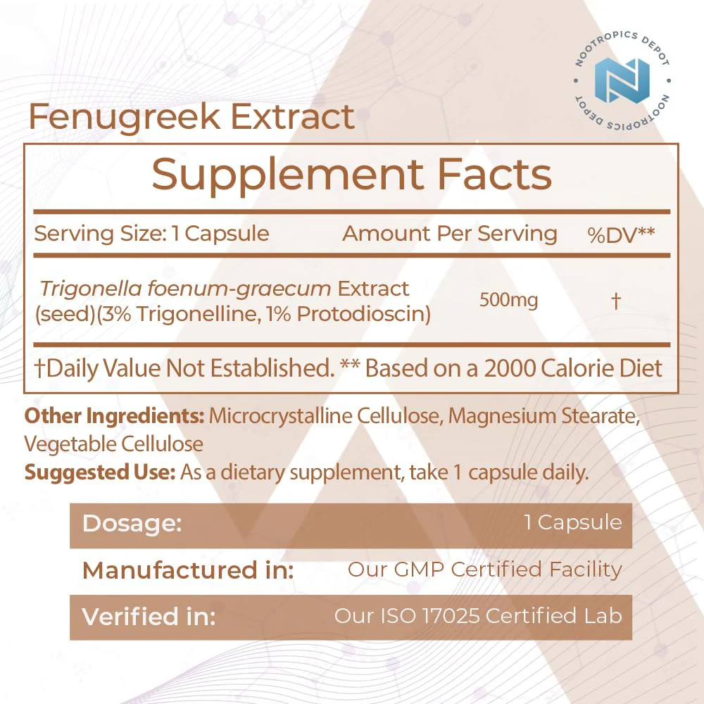 Nootropics Depot Fenugreek Extract Capsules 500mg – 180 ct | 3% Trigonelline, 1% Protodioscin | Mood, Fitness & Metabolic Support - Image 2