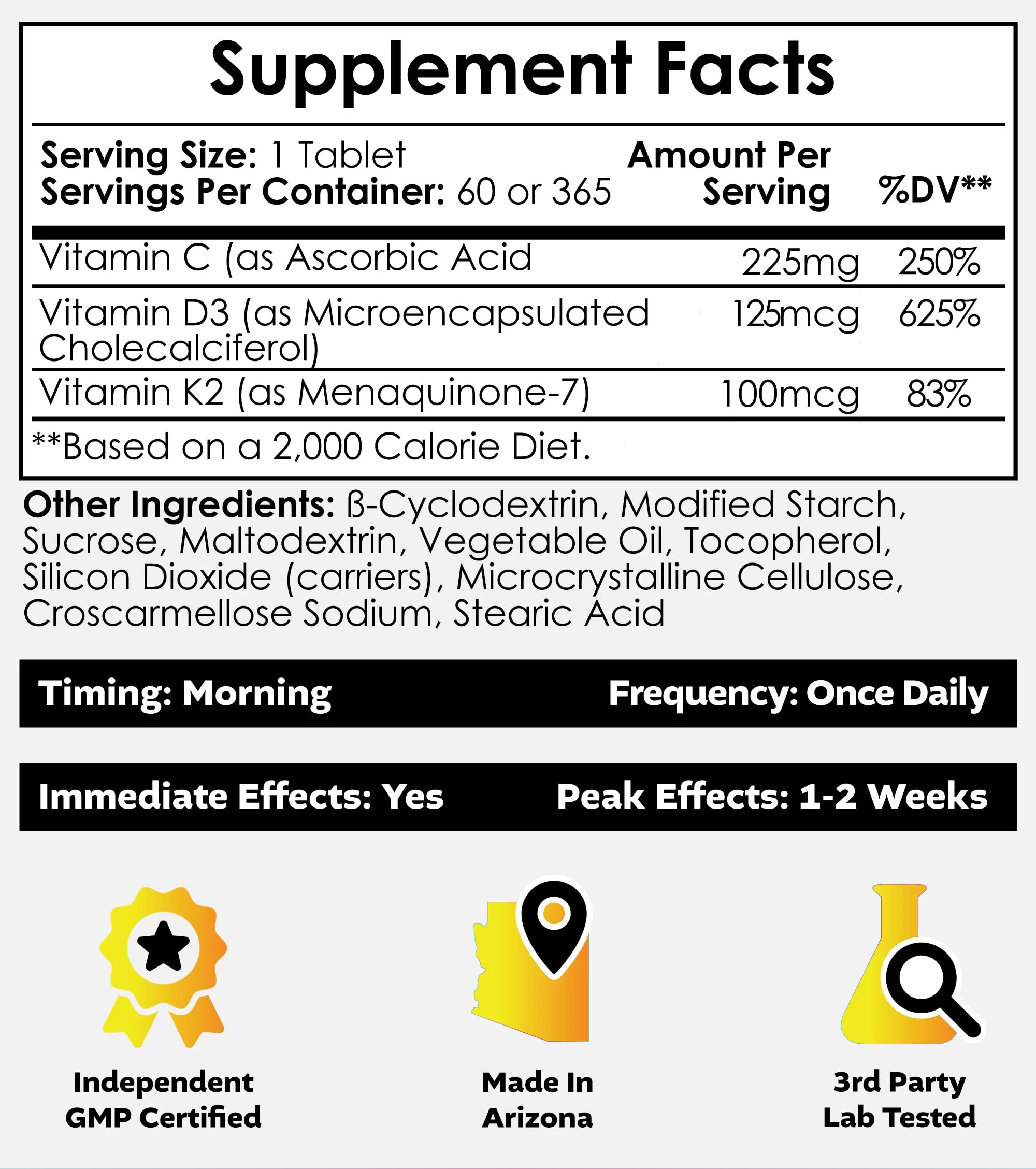 Nootropics Depot Vitamin D3 + K2 with Vitamin C Tablets – 365 Count, 125µg (5000 IU) Year Supply - Image 2
