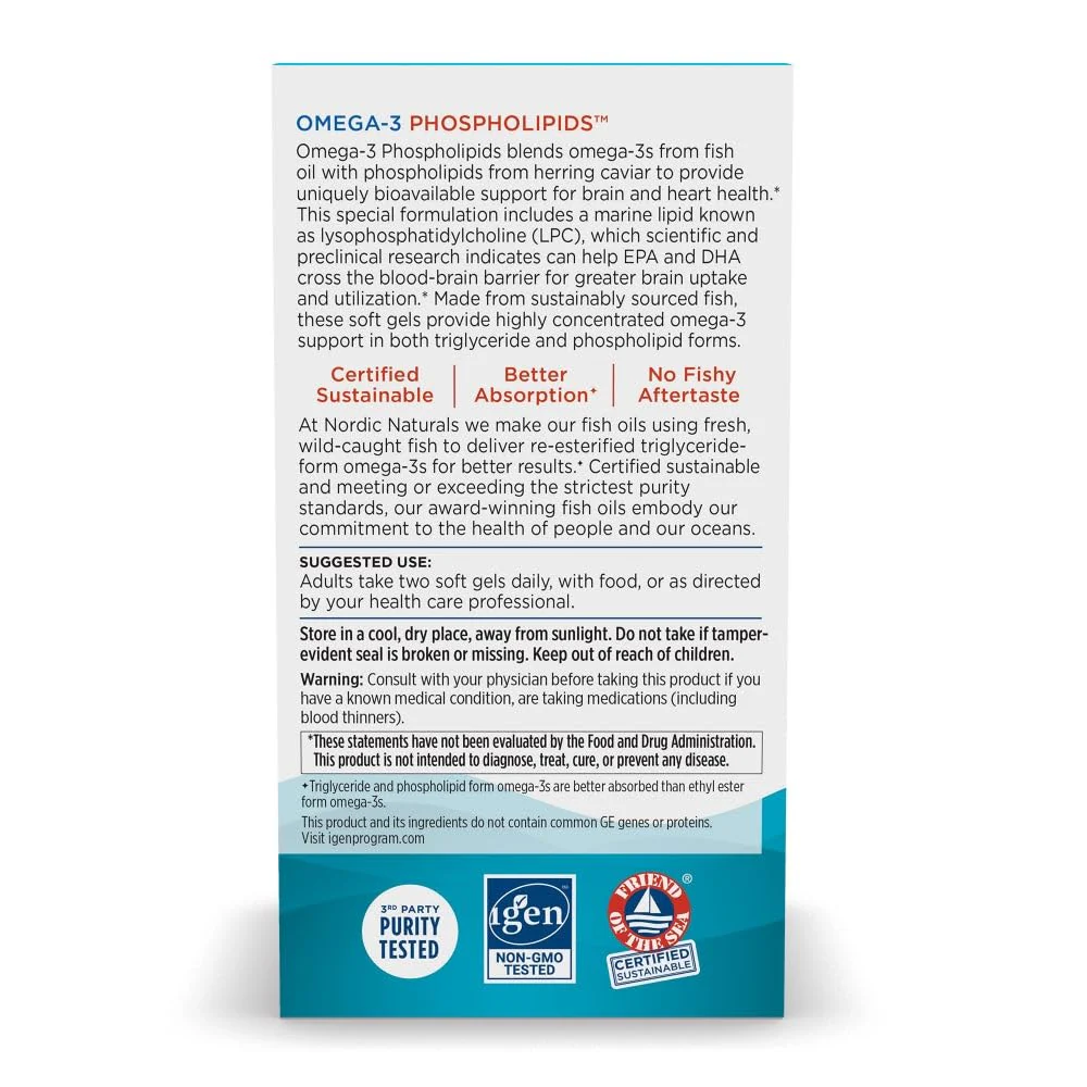 Nordic Naturals Omega-3 Phospholipids - Unflavored, 60 Soft Gels | 500 mg Omega-3 & 350 mg Phospholipids - Image 3