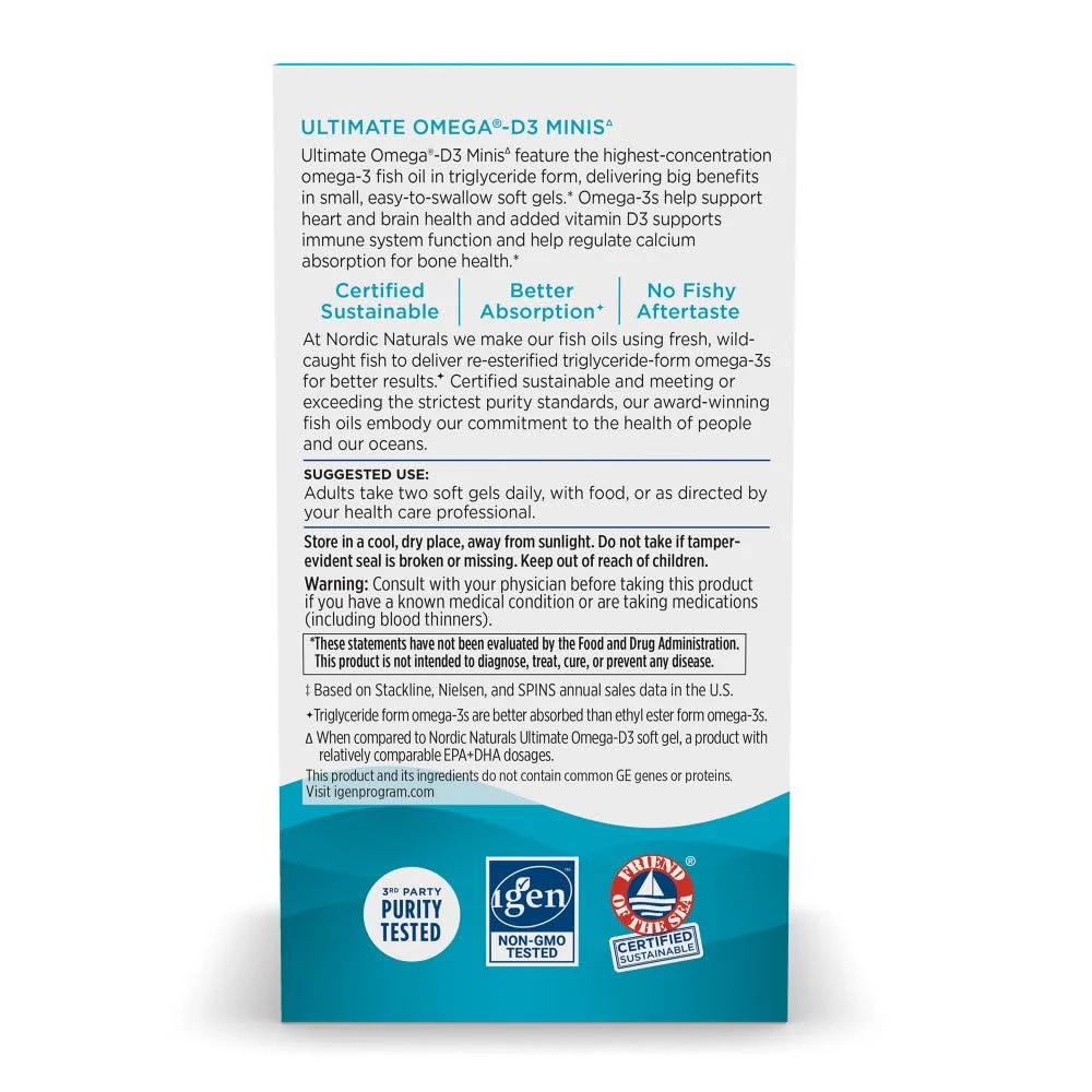 Nordic Naturals Ultimate Omega Mini D3 Lemon | 60 Mini Soft Gels, 1120 mg Omega-3 + 1000 IU Vitamin D3 | EPA & DHA | Brain & Heart Health | 30 Servings - Image 3