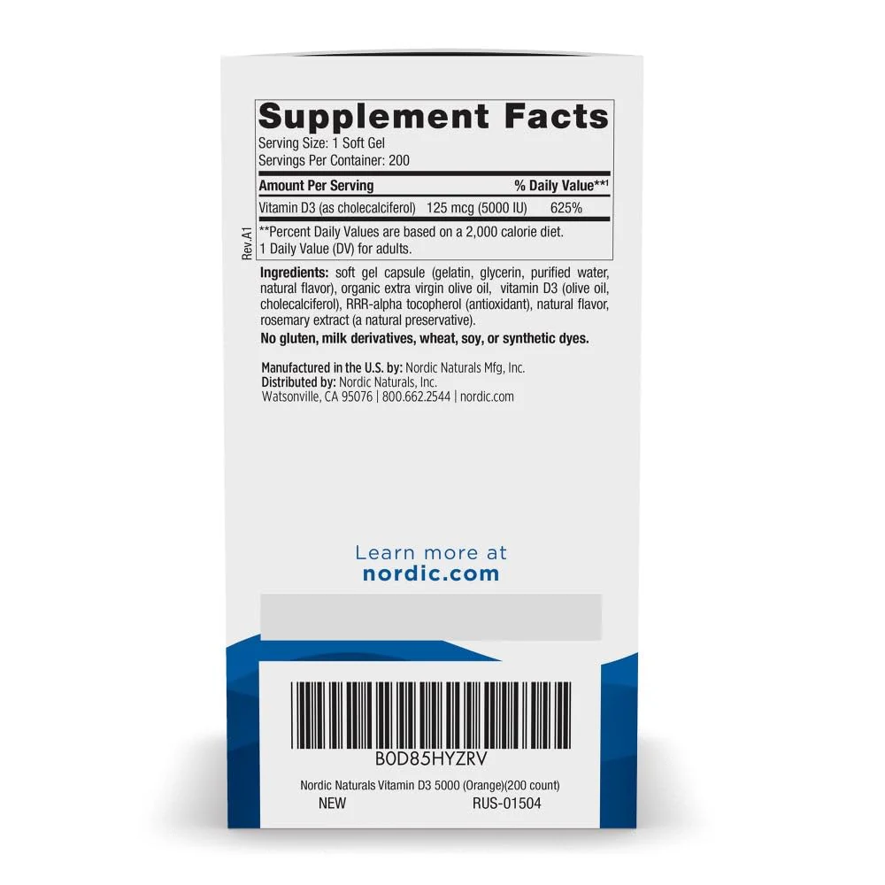 Nordic Naturals Vitamin D3 5000 IU Orange – 200 Mini Soft Gels | Supports Bones, Immunity & Mood | Vegetarian & Non-GMO - Image 2