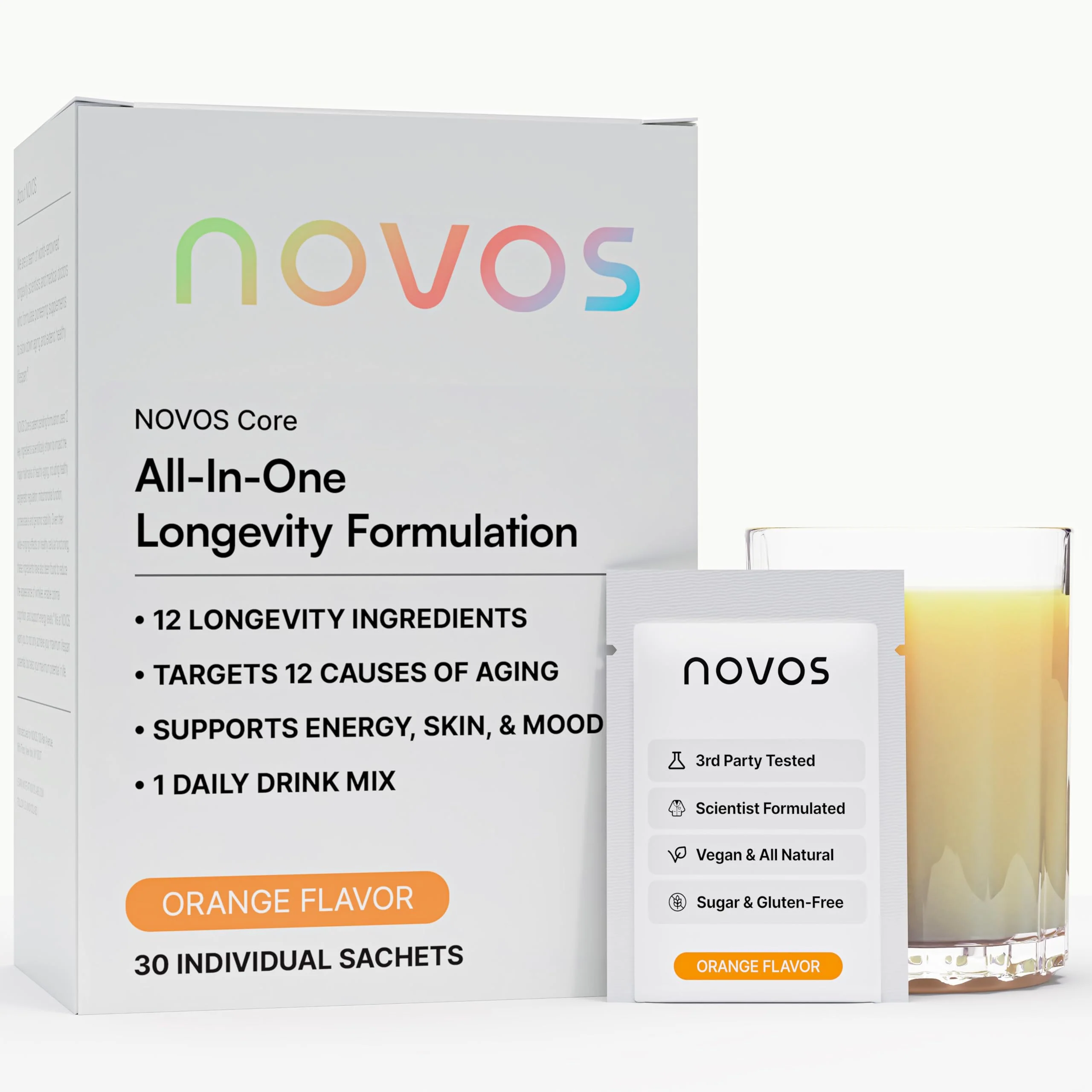 NOVOS Core Longevity Mix - Orange Flavor Powder for Skin, Energy, Mood & Cognition - 30 Servings