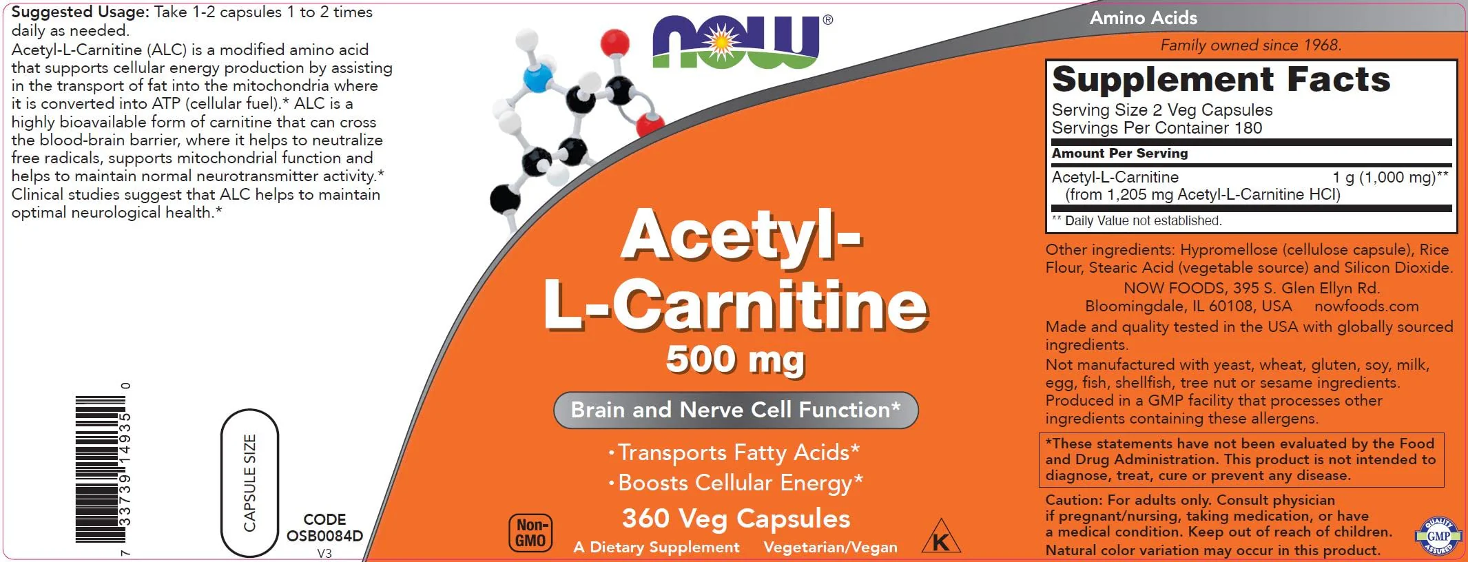 NOW Foods Acetyl-L-Carnitine 500 mg - 360 Veg Capsules | Non-GMO, Kosher, Dairy-Free - Image 14