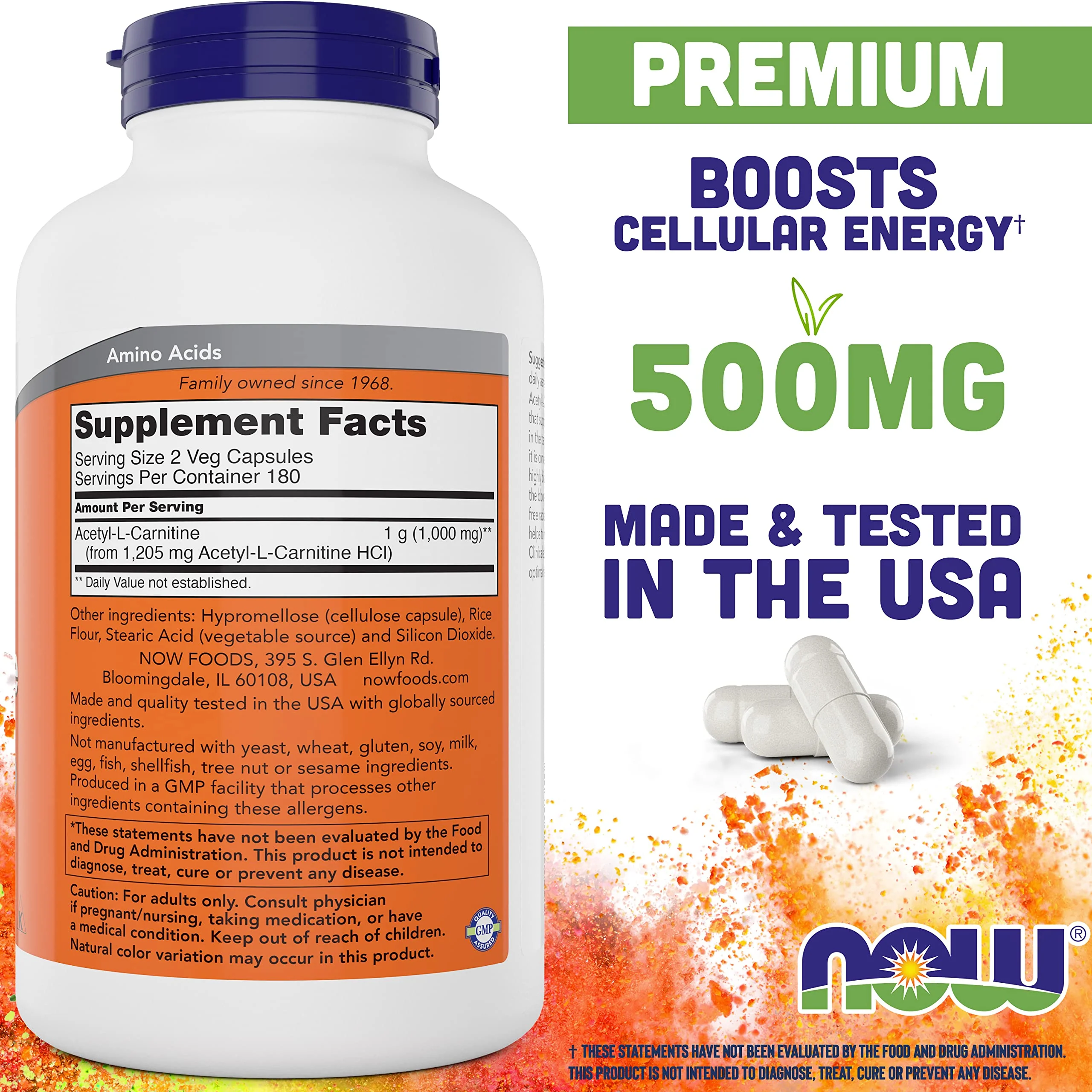 NOW Foods Acetyl-L-Carnitine 500 mg - 360 Veg Capsules | Non-GMO, Kosher, Dairy-Free - Image 2