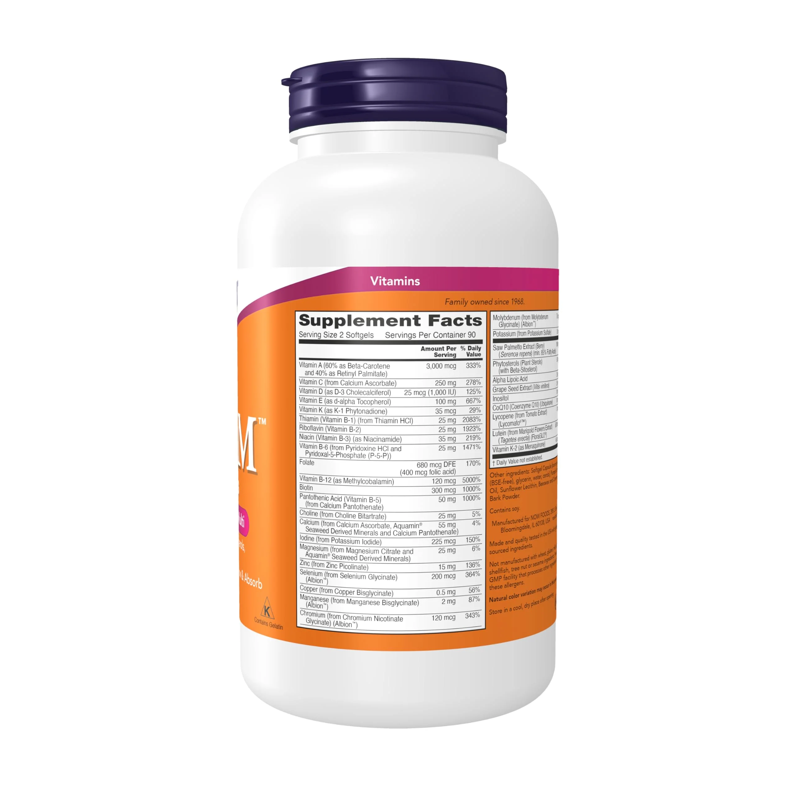 NOW Foods ADAM Men's Multivitamin with Saw Palmetto, Plant Sterols, Lycopene & CoQ10 - 180 Softgels - Image 2