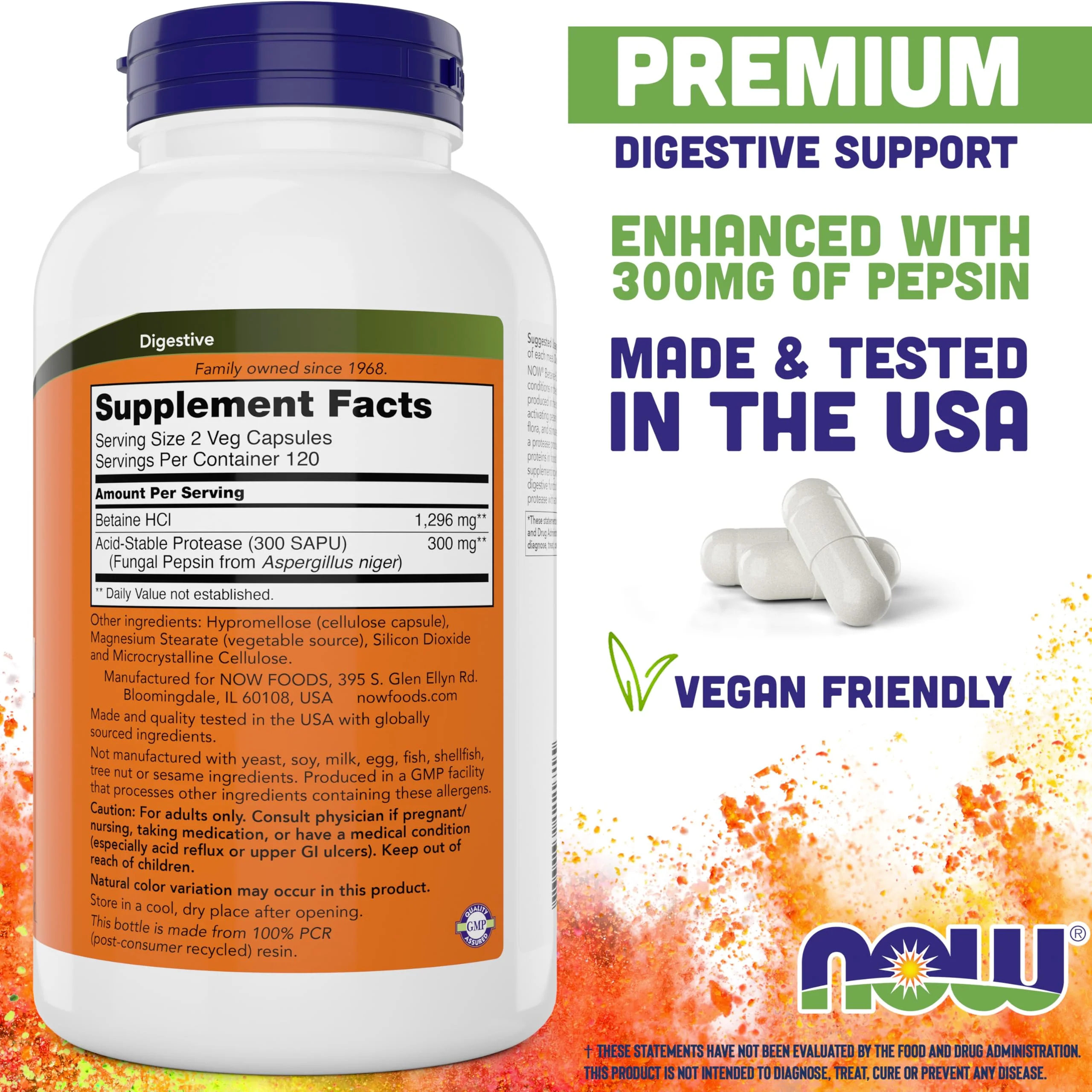 NOW Foods Betaine HCl 648 mg 240 Veg Capsules (Pack of 2) – Digestive Enzymes with Pepsin Protease - Image 2