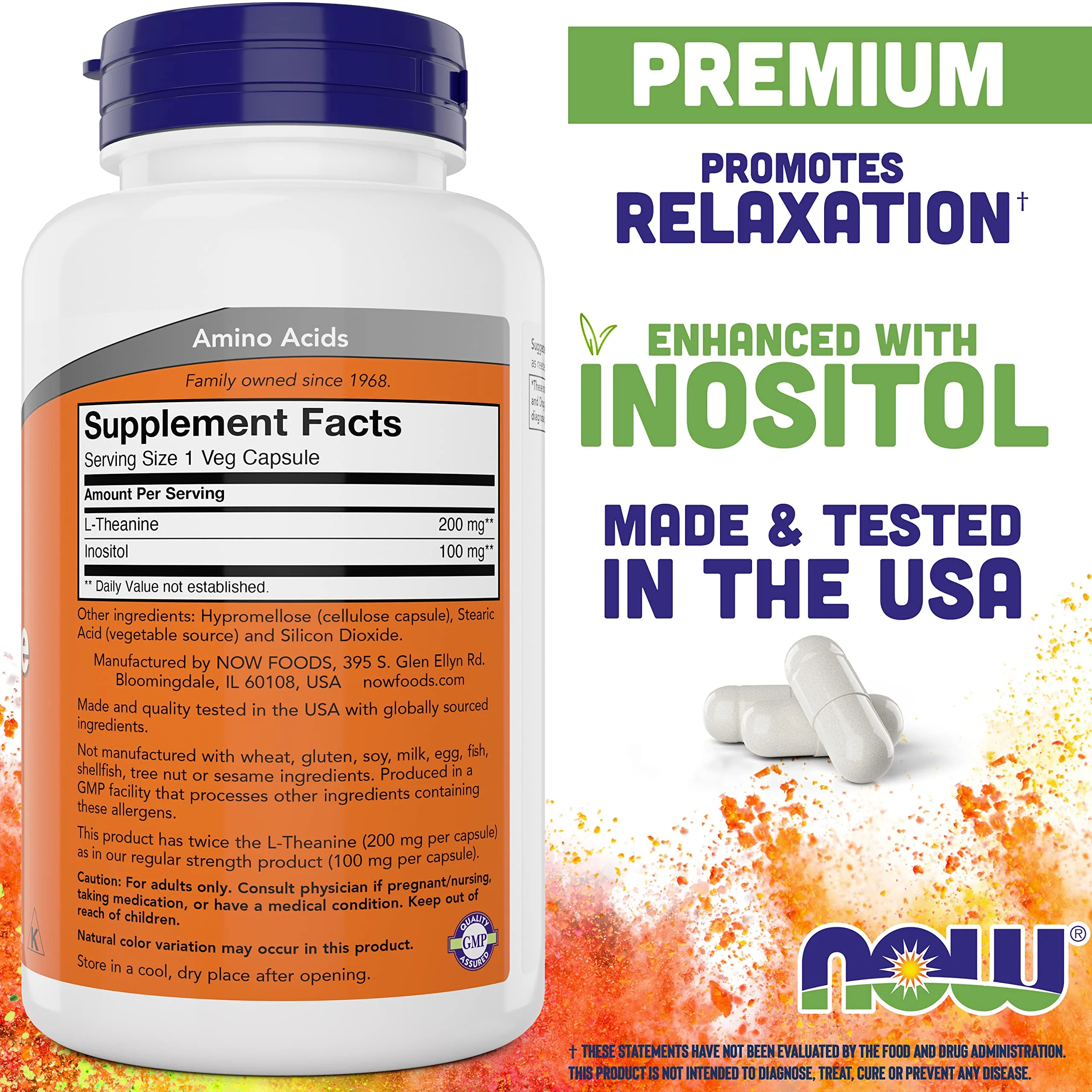 NOW Foods L-Theanine 200 mg Double Strength - 180 Vegan Capsules with Inositol - Image 2