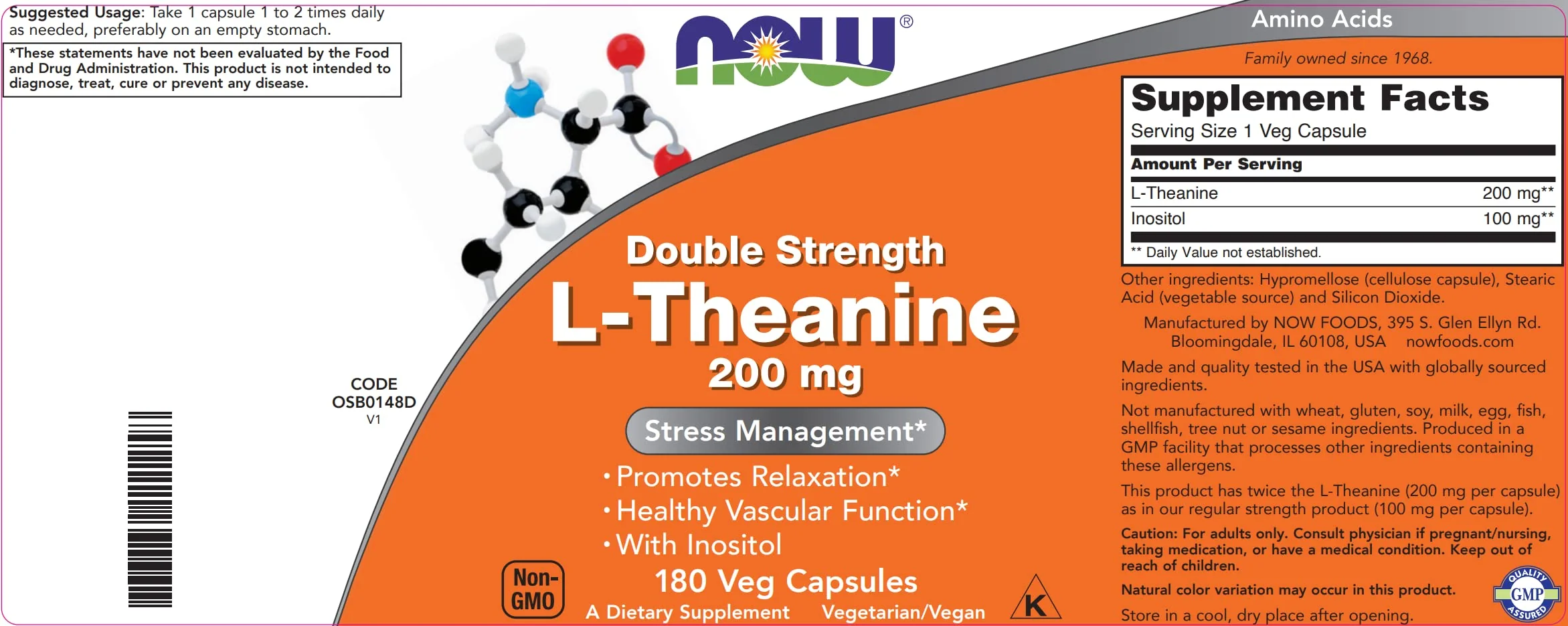 NOW Foods L-Theanine 200 mg Double Strength - 180 Vegan Capsules with Inositol - Image 4