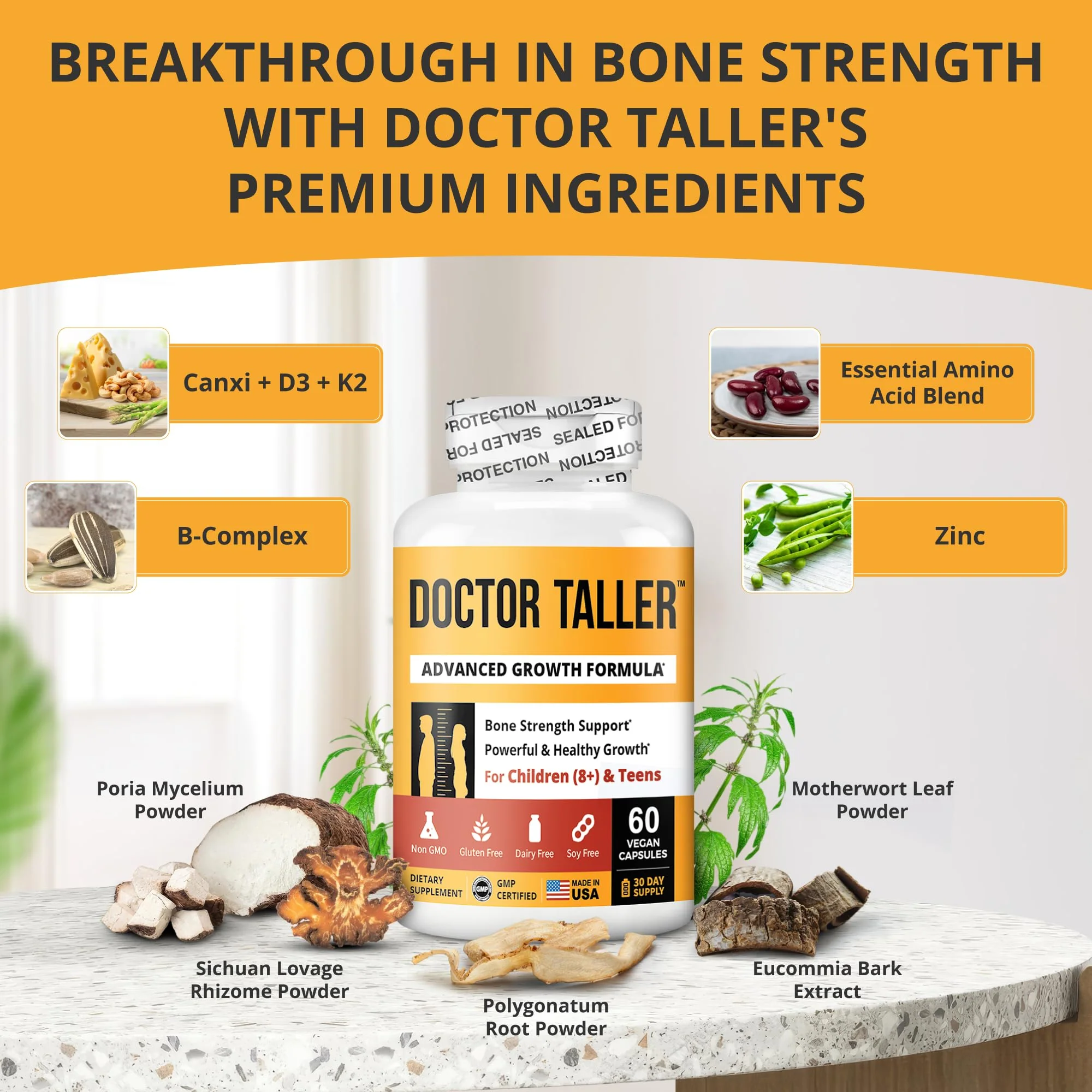 NuBest Doctor Taller Bone Strength Supports for Kids 8+ | Calcium, D3, K2, Amino Acids & Herbal Blend — 60 Vegan Capsules - Image 2