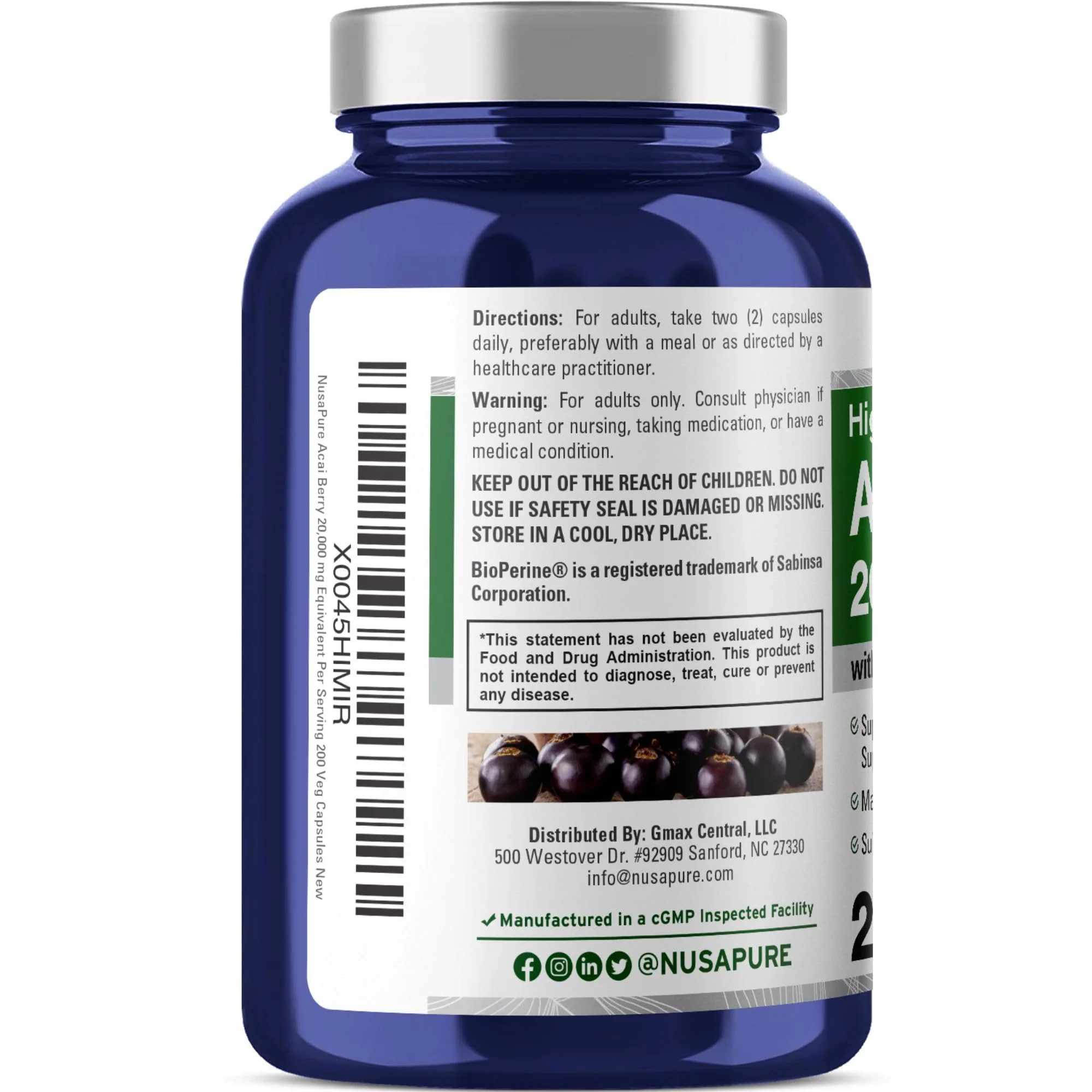 NusaPure Acai Berry Capsules 20000mg - 200 Veggie Caps, Non-GMO, 50:1 Extract + Bioperine (Pack of 2) - Image 3