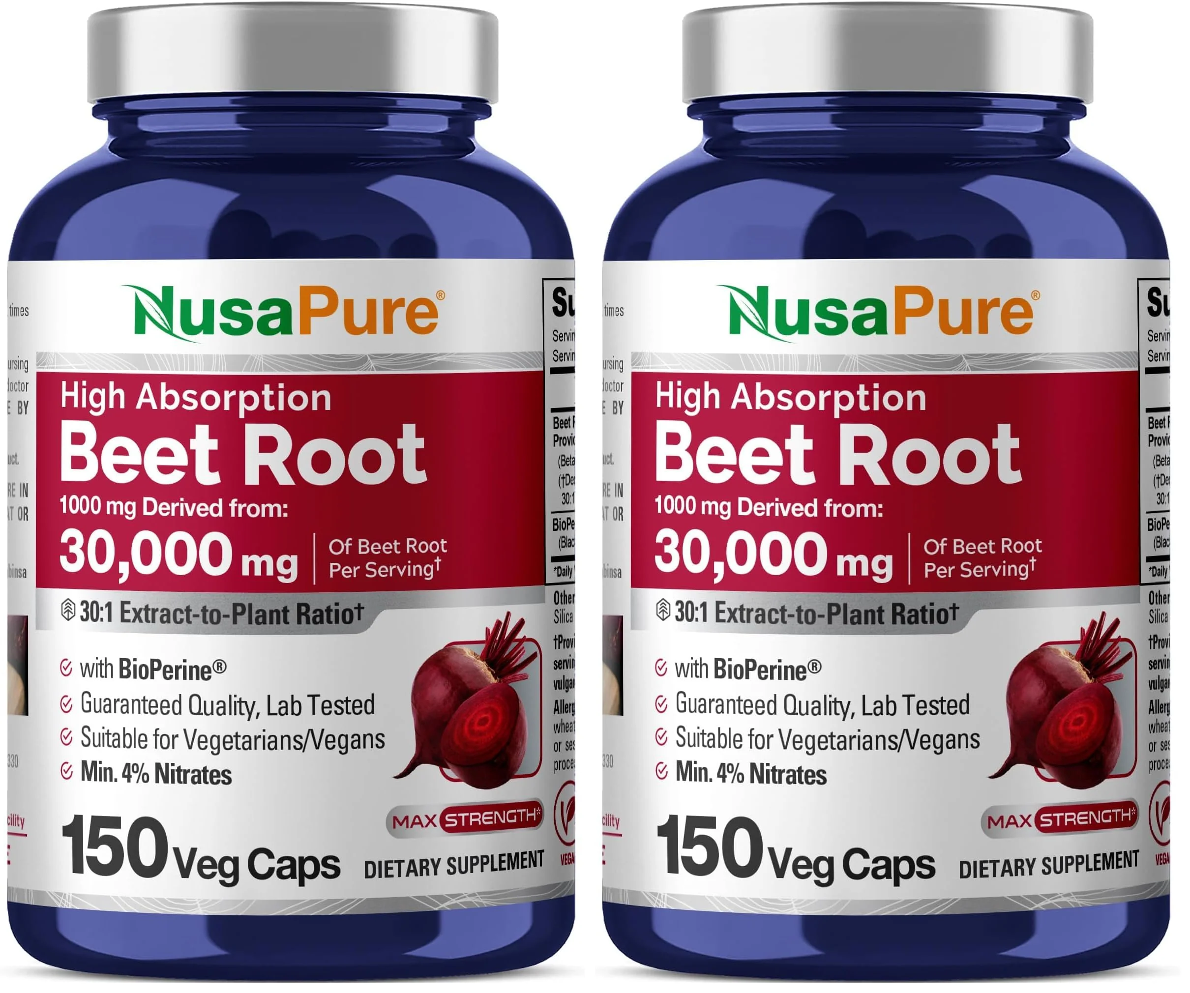 NusaPure Beet Root 30:1 Extract – 1000 mg per Serving, 150 Veggie Caps, Bioperine