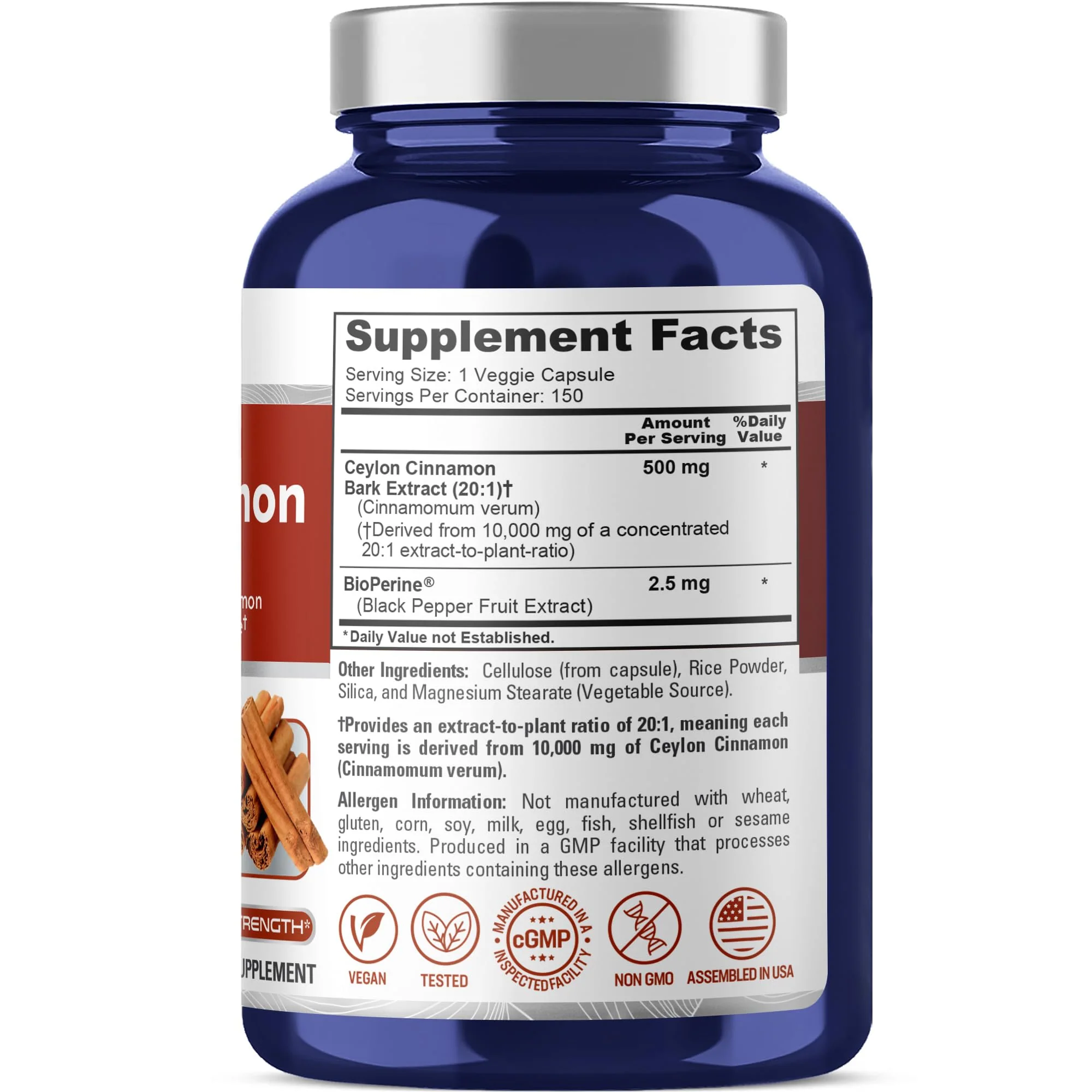NusaPure Ceylon Cinnamon 20:1 Extract — 500 mg per Capsule | 150 Veggie Caps | Pack of 2 - Image 9