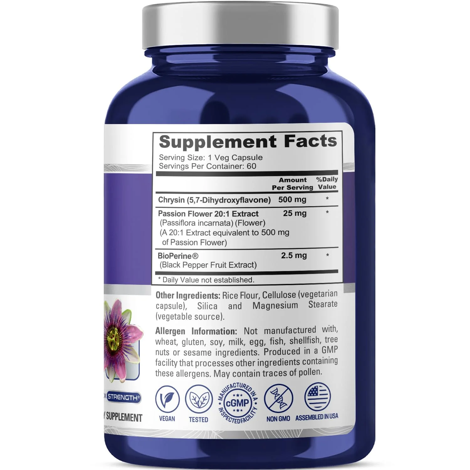 NusaPure Chrysin 500mg – 60 Veggie Capsules | Passion Flower Complex | Non-GMO + Bioperine | Pack of 2 - Image 2