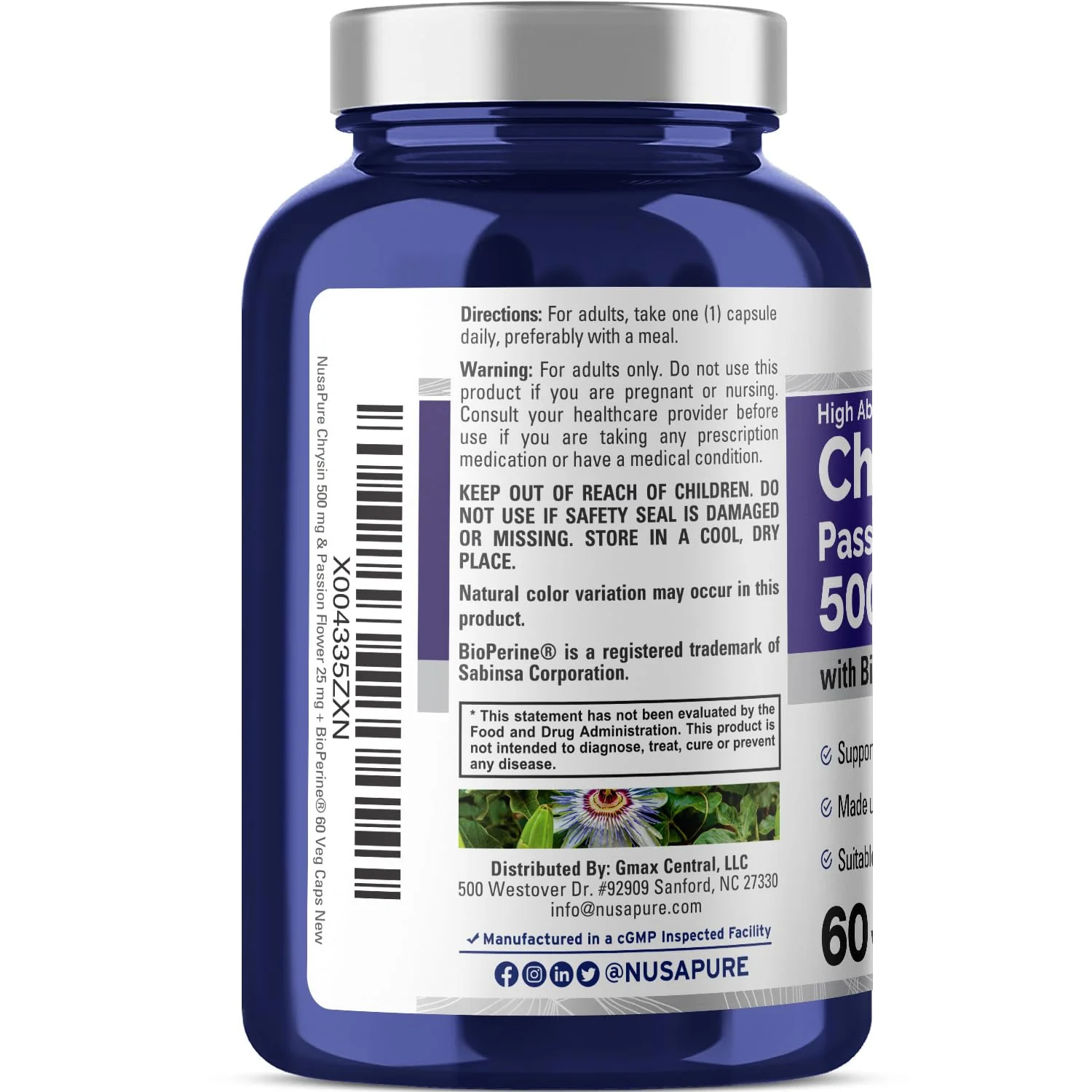 NusaPure Chrysin 500mg – 60 Veggie Capsules | Passion Flower Complex | Non-GMO + Bioperine | Pack of 2 - Image 3