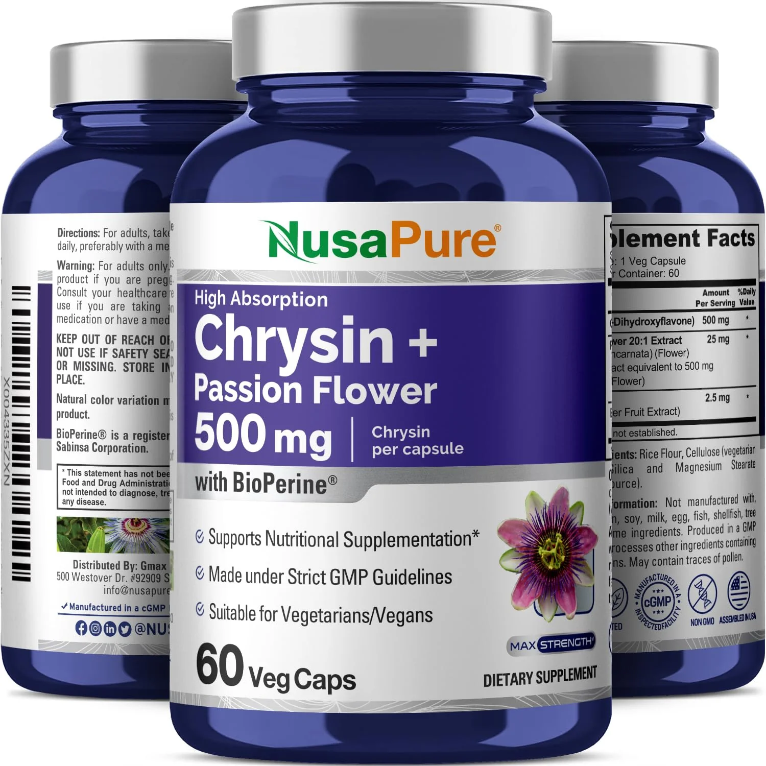 NusaPure Chrysin 500mg – 60 Veggie Capsules | Passion Flower Complex | Non-GMO + Bioperine | Pack of 2 - Image 4