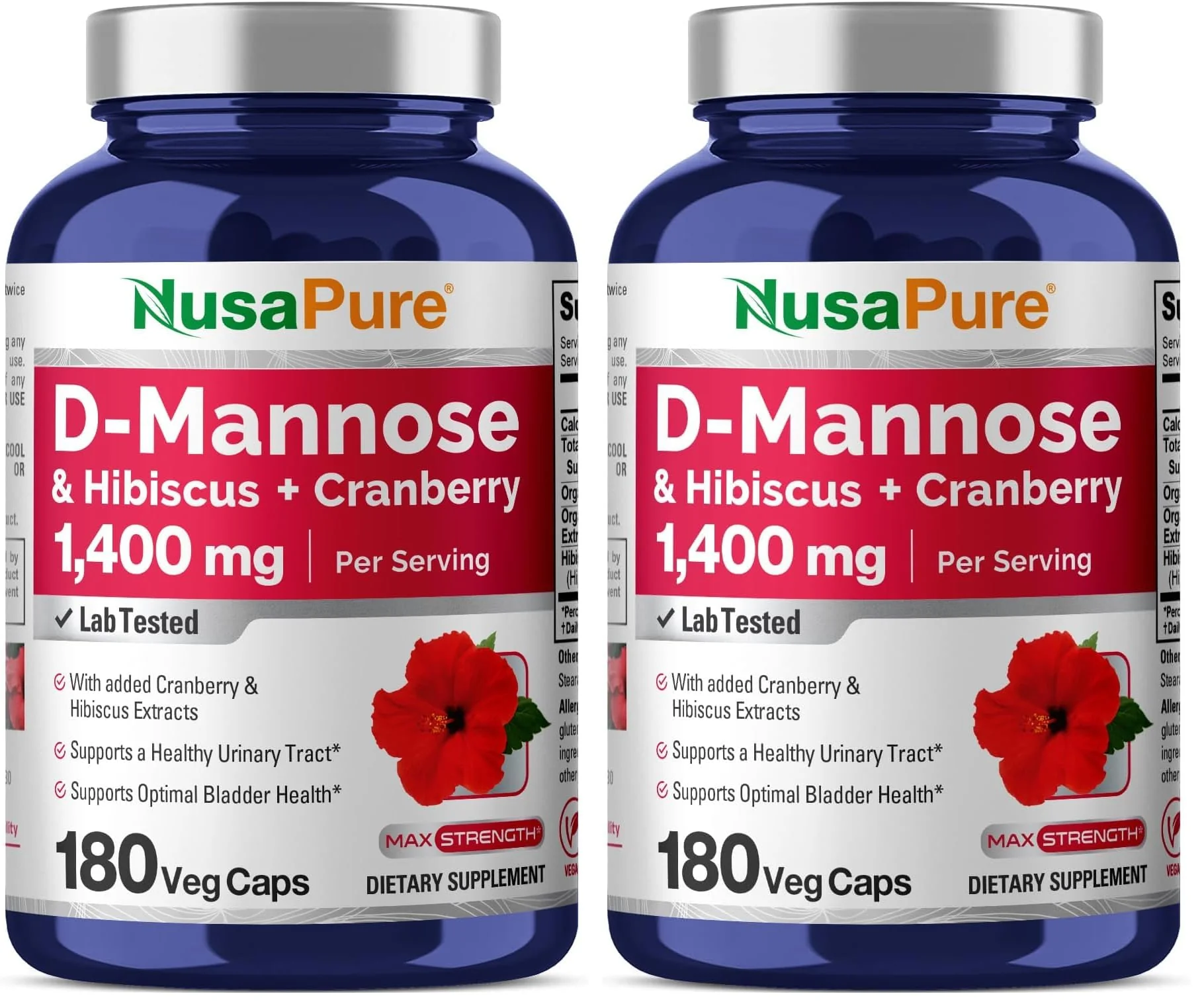 NusaPure D-Mannose Complex 1400 mg with Hibiscus & Cranberry – 180 Veggie Caps (Pack of 2)