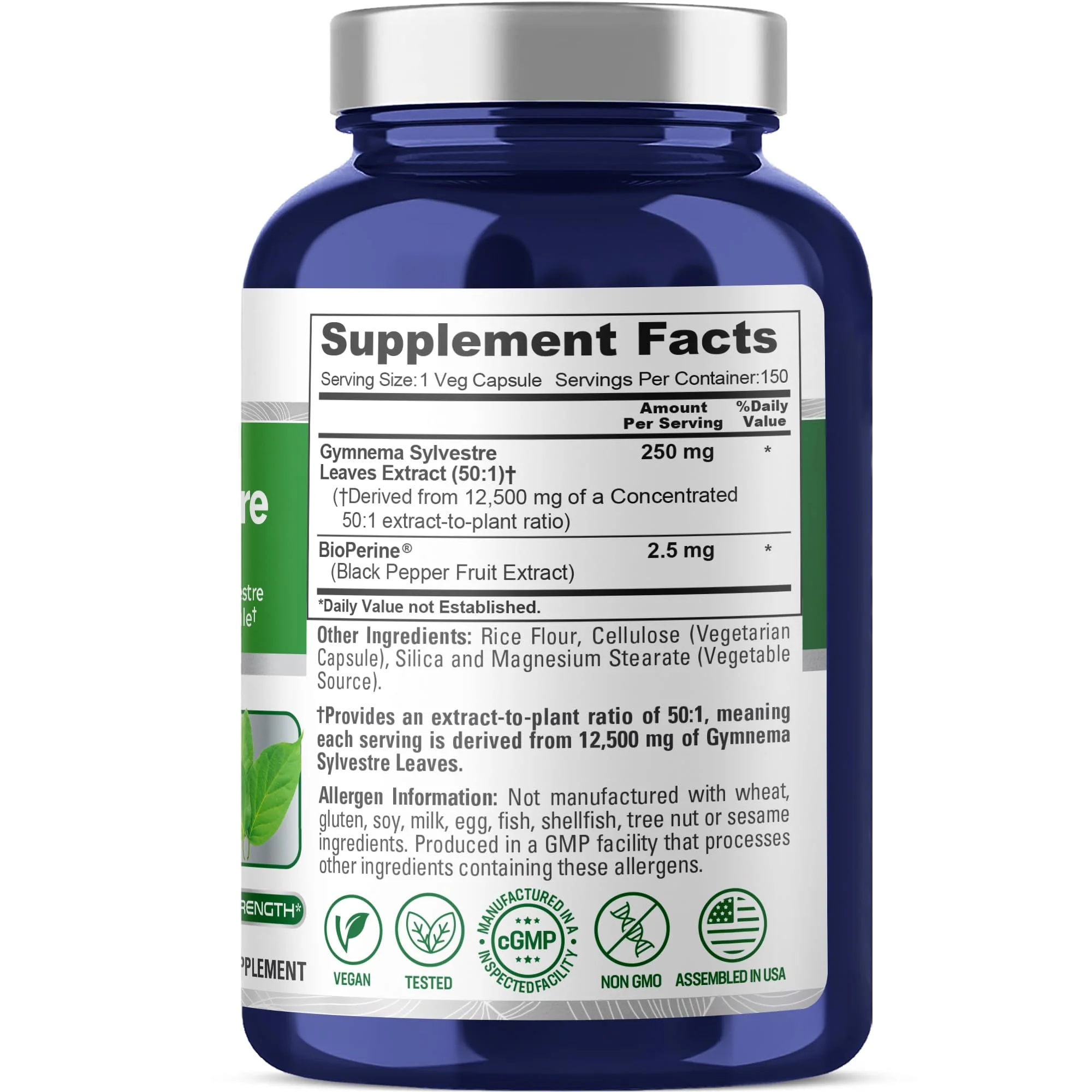 NusaPure Gymnema Sylvestre 50:1 Extract - 12,500 mg per Capsule, 150 Vegan Caps (Pack of 2) - Bioperine - Image 3