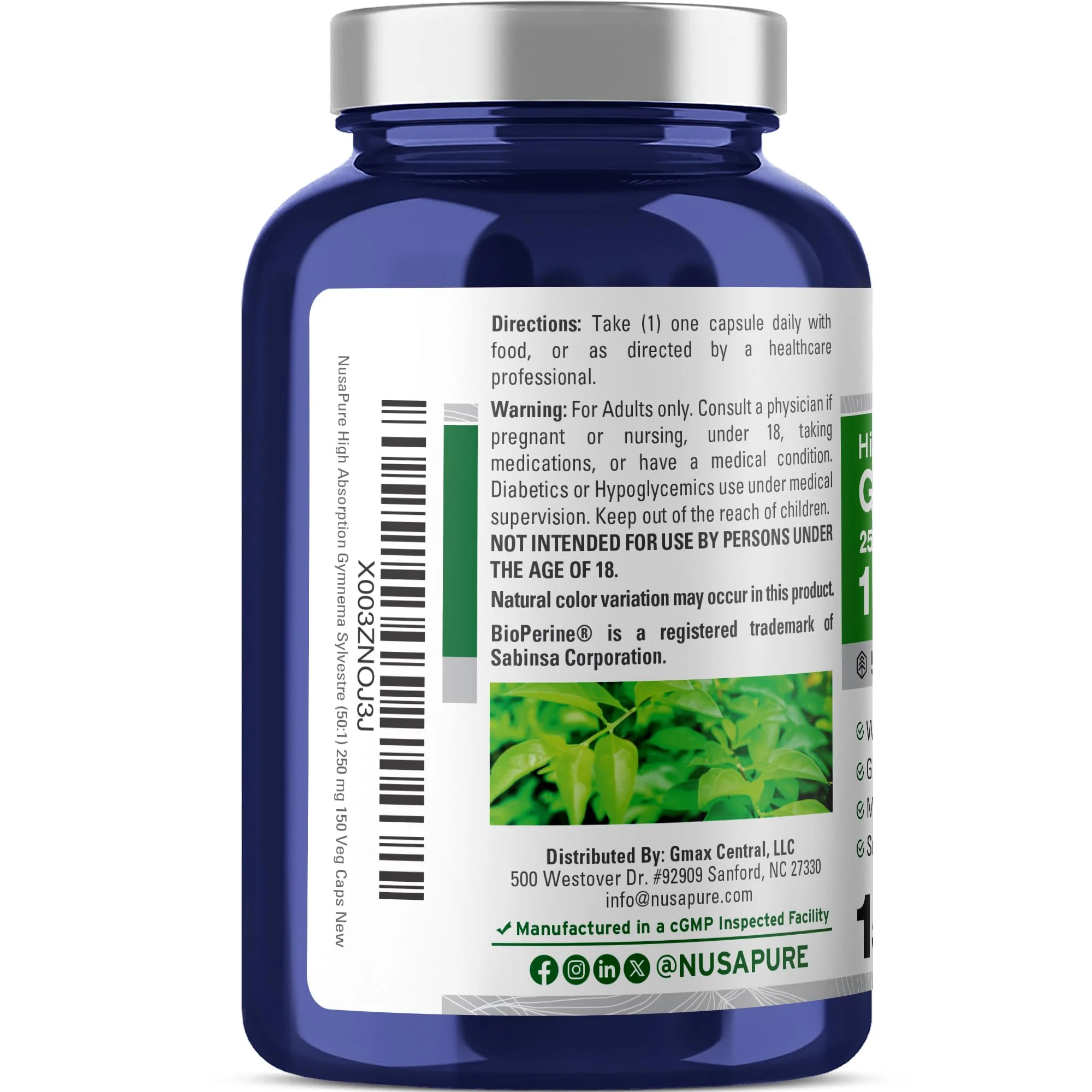 NusaPure Gymnema Sylvestre 50:1 Extract - 12,500 mg per Capsule, 150 Vegan Caps (Pack of 2) - Bioperine - Image 4