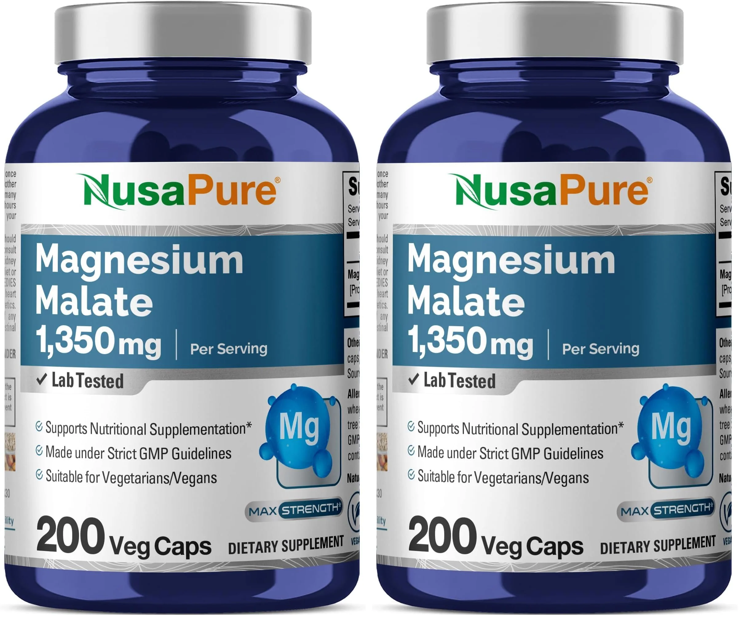 NusaPure Magnesium Malate 1350mg | 200 Veggie Capsules | Vegan Non-GMO Pack of 2