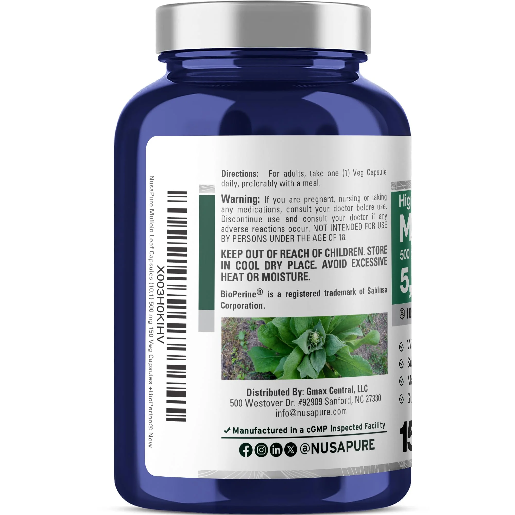 NusaPure Mullein Leaf Capsules 10:1 Extract – 150 Count – Non-GMO & Vegan (Pack of 2) - Image 3