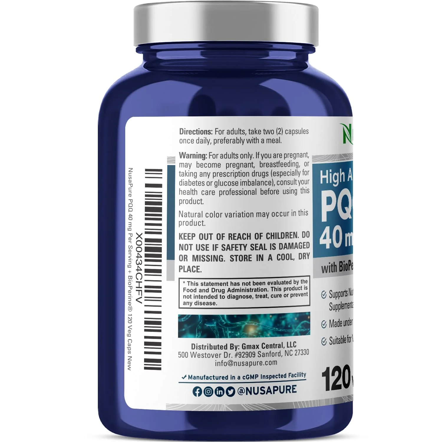 NusaPure PQQ Supplement 40 mg - 120 Veggie Capsules (Non-GMO, Bioperine) Pack of 2 - Image 3