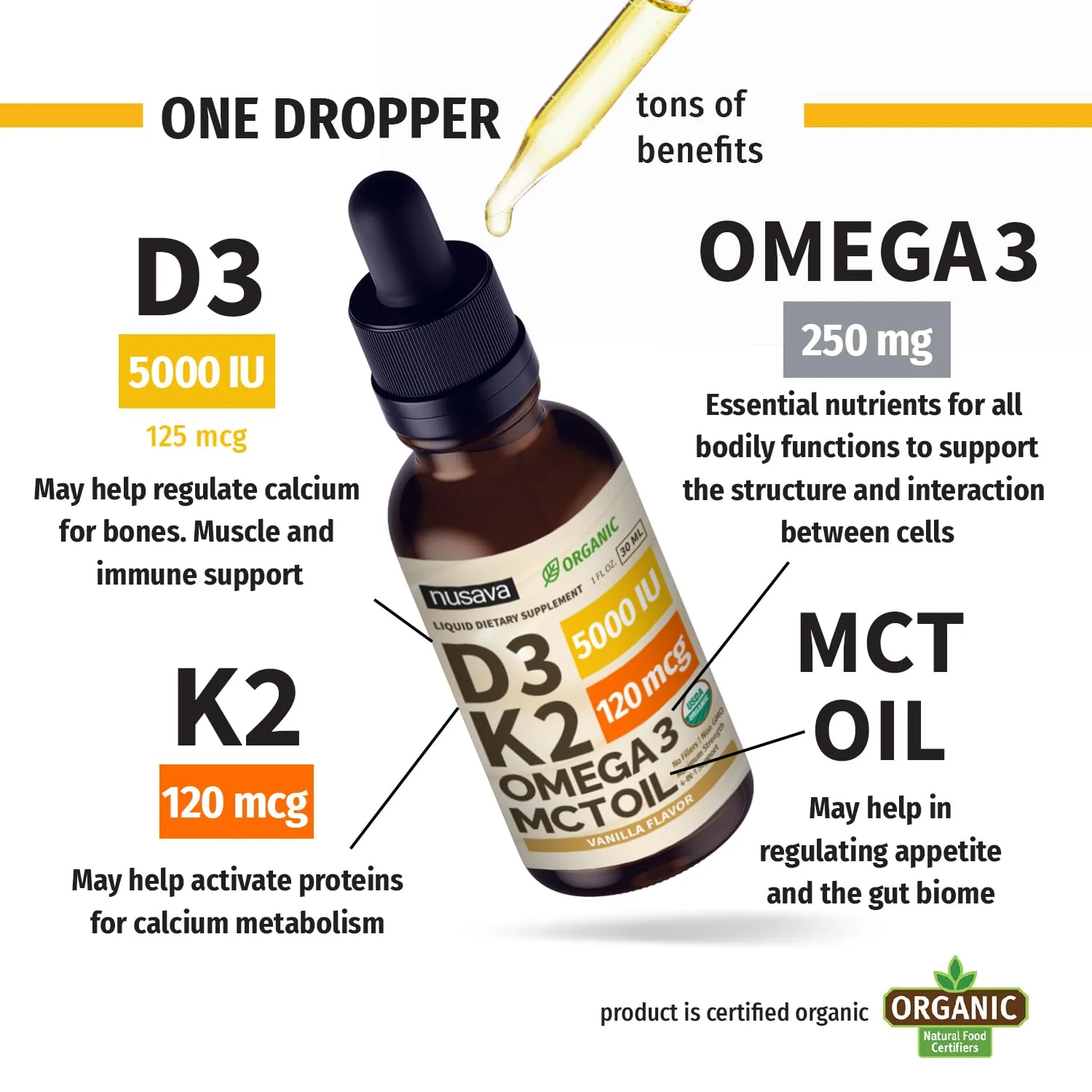 NUSAVA 4 Pack Organic Vitamin D3 K2 Drops with MCT Oil – 5000 IU, Vanilla - Image 3