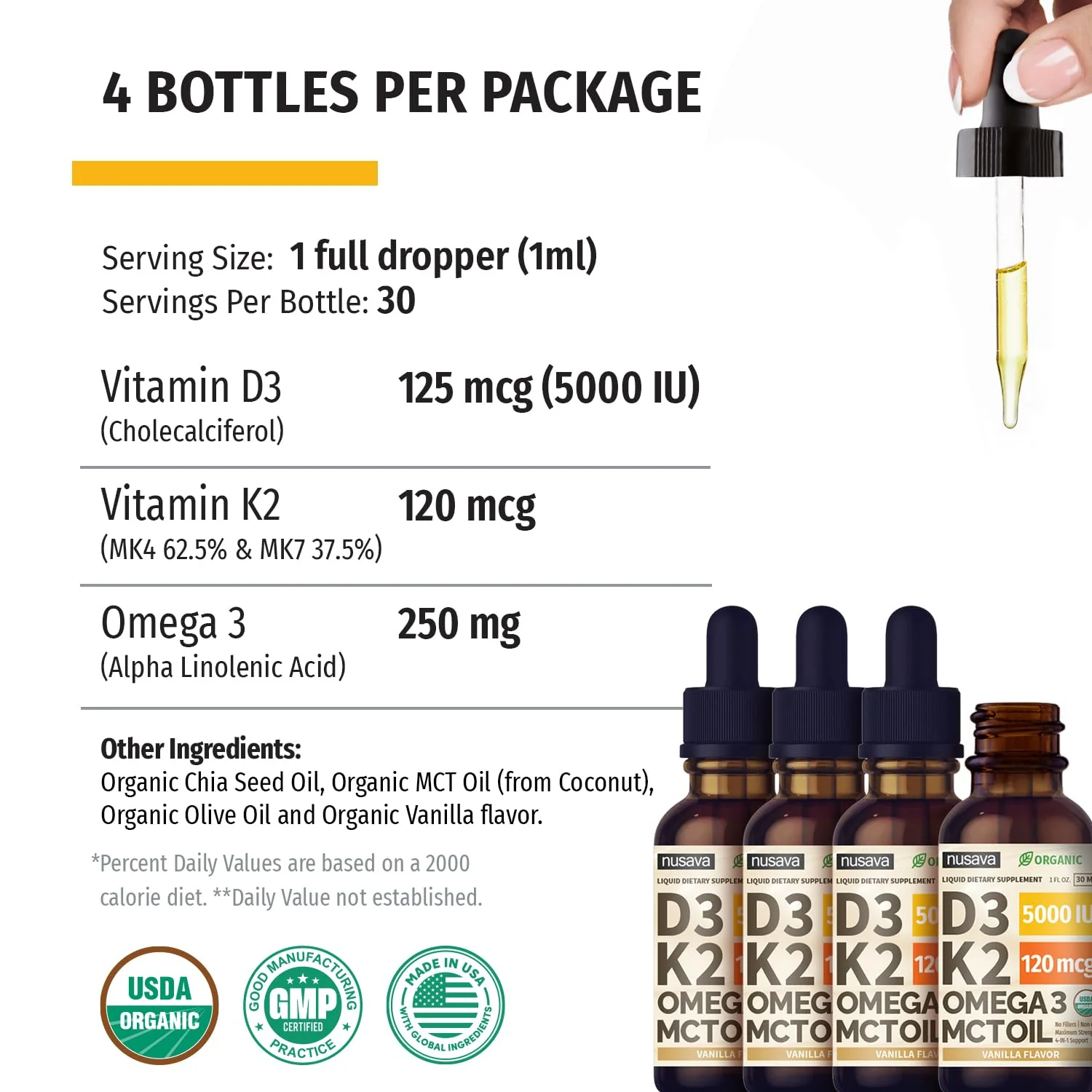 NUSAVA 4 Pack Organic Vitamin D3 K2 Drops with MCT Oil – 5000 IU, Vanilla - Image 7
