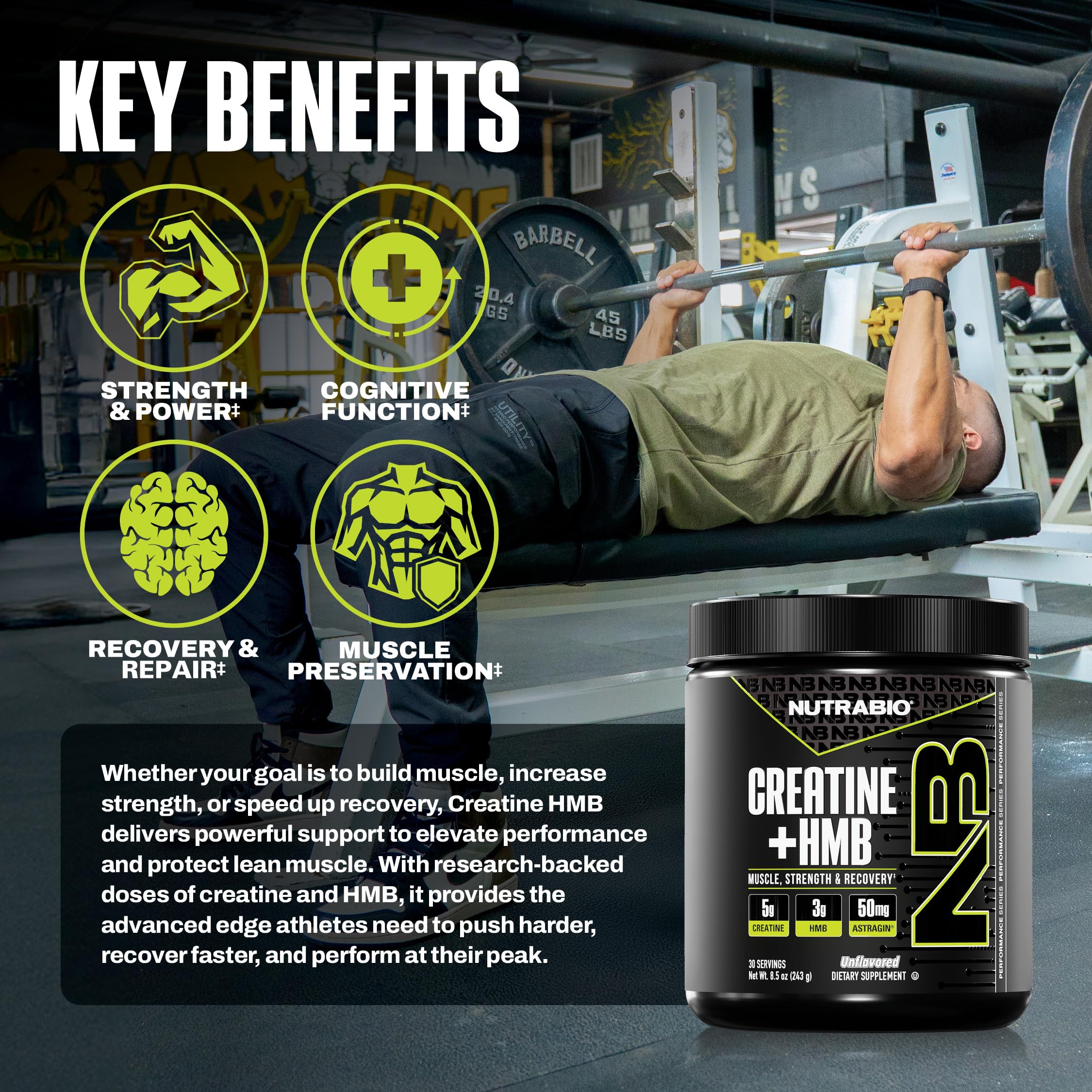 NutraBio Creatine + HMB – Creatine Monohydrate with HMB Powder for Muscle Growth & Strength, 30 Servings (Unflavored) - Image 3