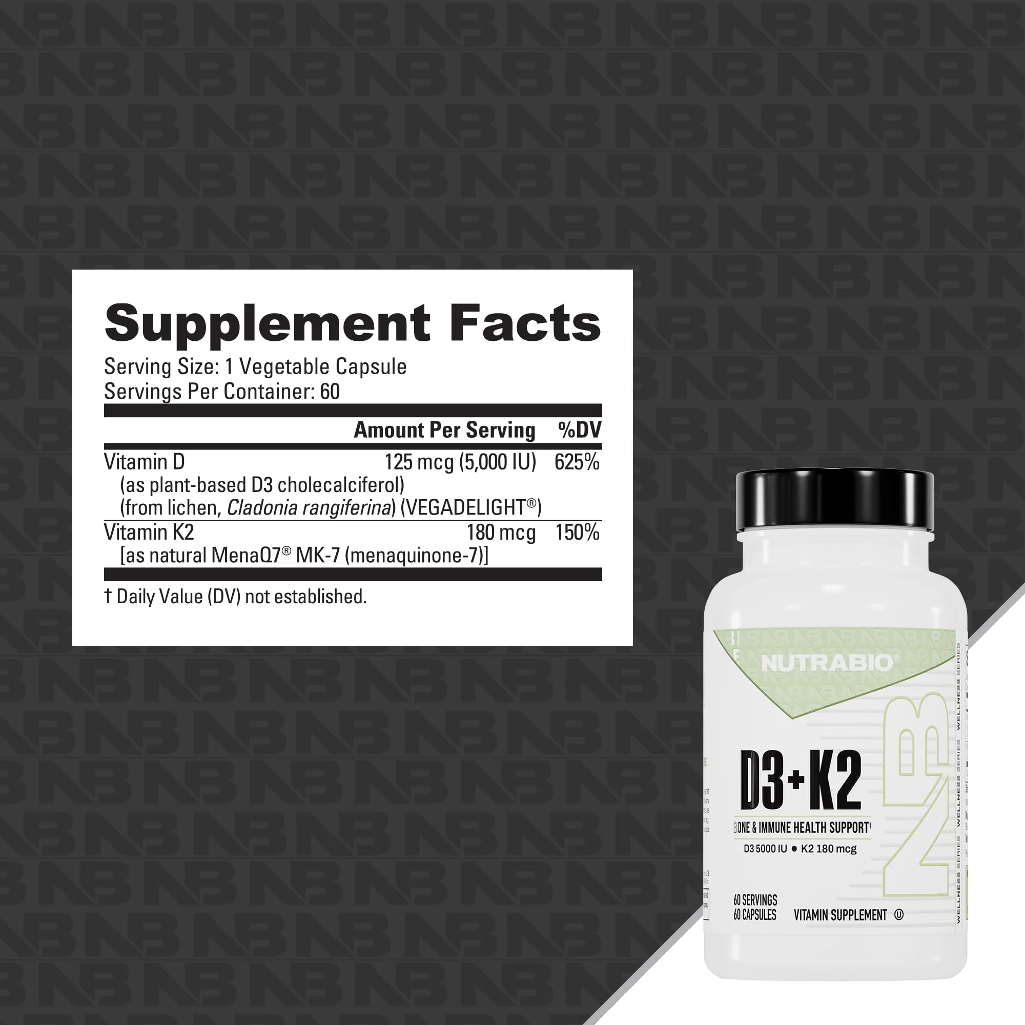 NutraBio Vitamin D3 K2 5000 IU | D3 + MK7 (180 mcg) for Bone & Heart Health | 60 Veg Caps - Image 3