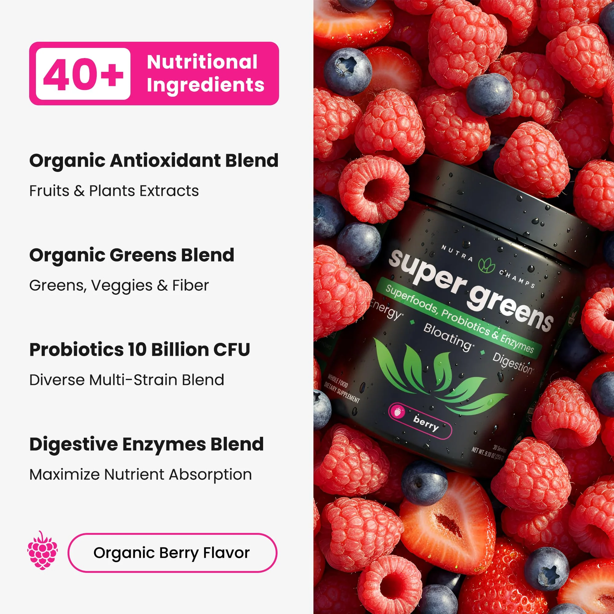 NutraChamps Super Greens Powder Berry 9.0 oz – Premium Organic Green Superfood with Probiotics - Image 3