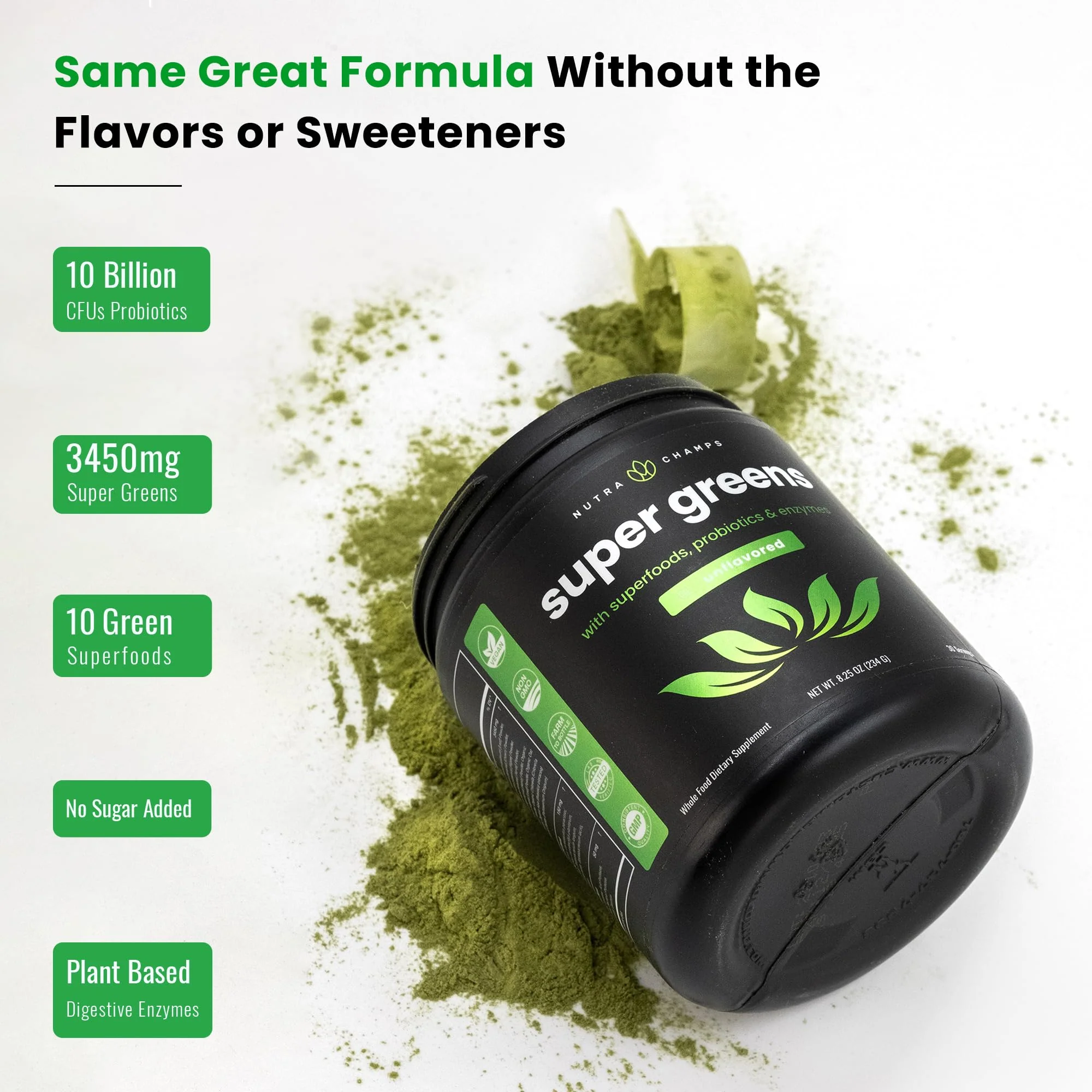 NutraChamps Super Greens Powder – Premium 9.0 oz Unflavored | 20+ Organic Greens, Spirulina & Chlorella - Image 8